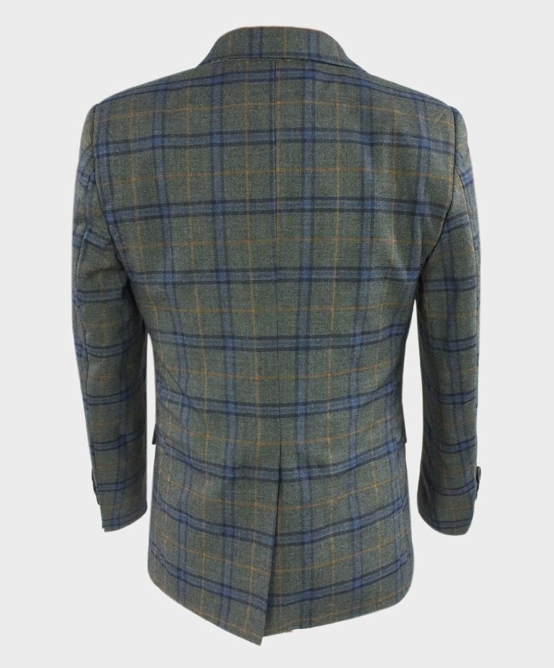 Boys Tailored Fit Windowpane Check Grey Suit - Blue - Orange