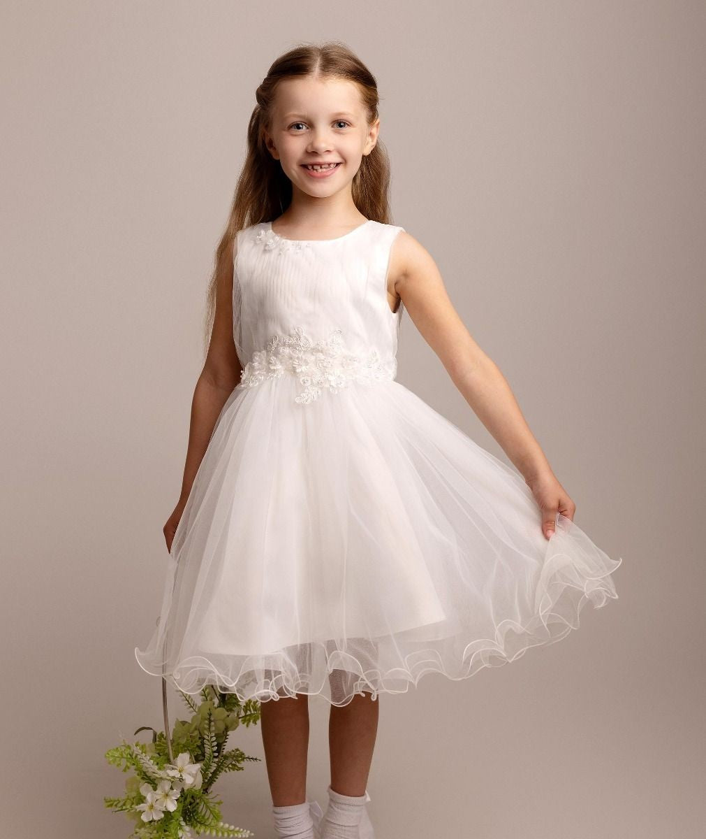 Girls Ivory Floral Appliques Tulle Dress - Monica - Ivory