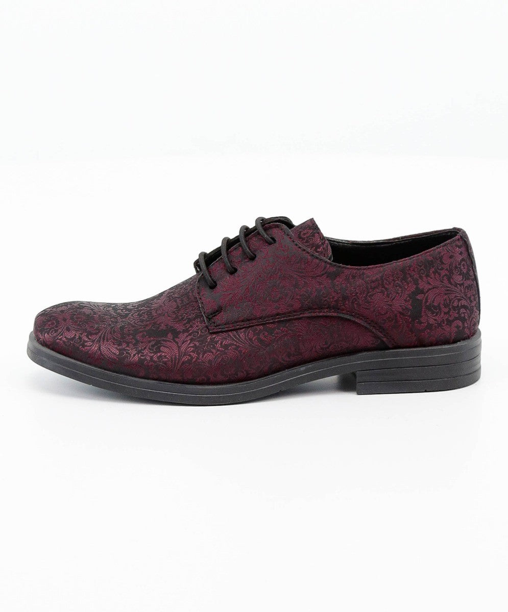 Boys Paisley Patterned Lace Up Derby Shoes - Burgundy - Black