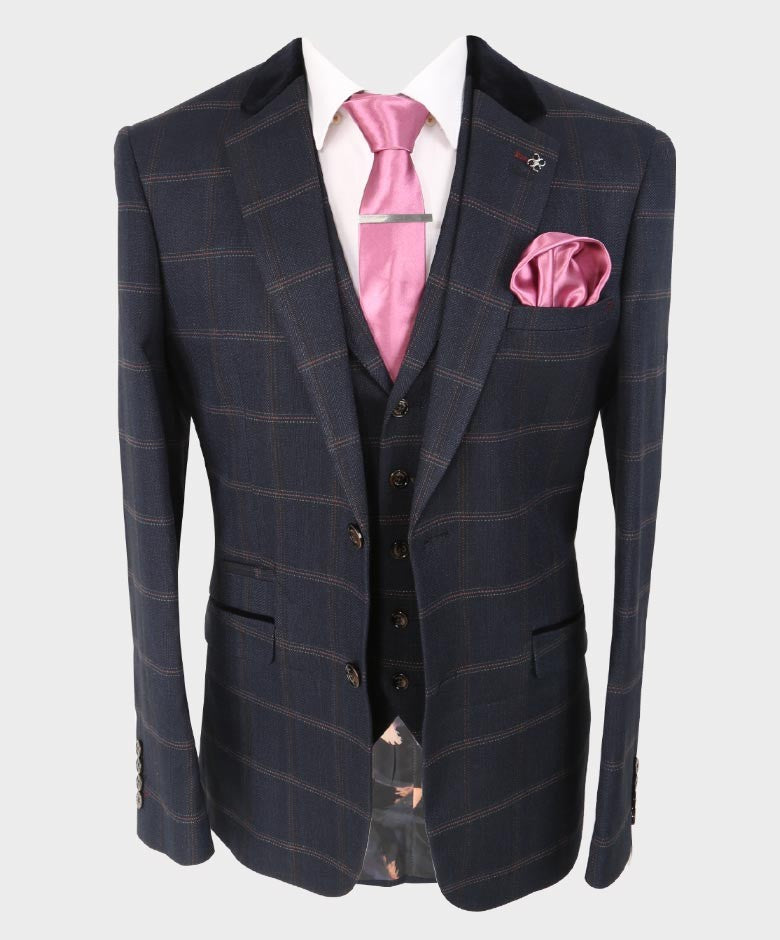 Men's Slim Fit Tweed Check Suit Jacket - Connall Blue - Navy Blue