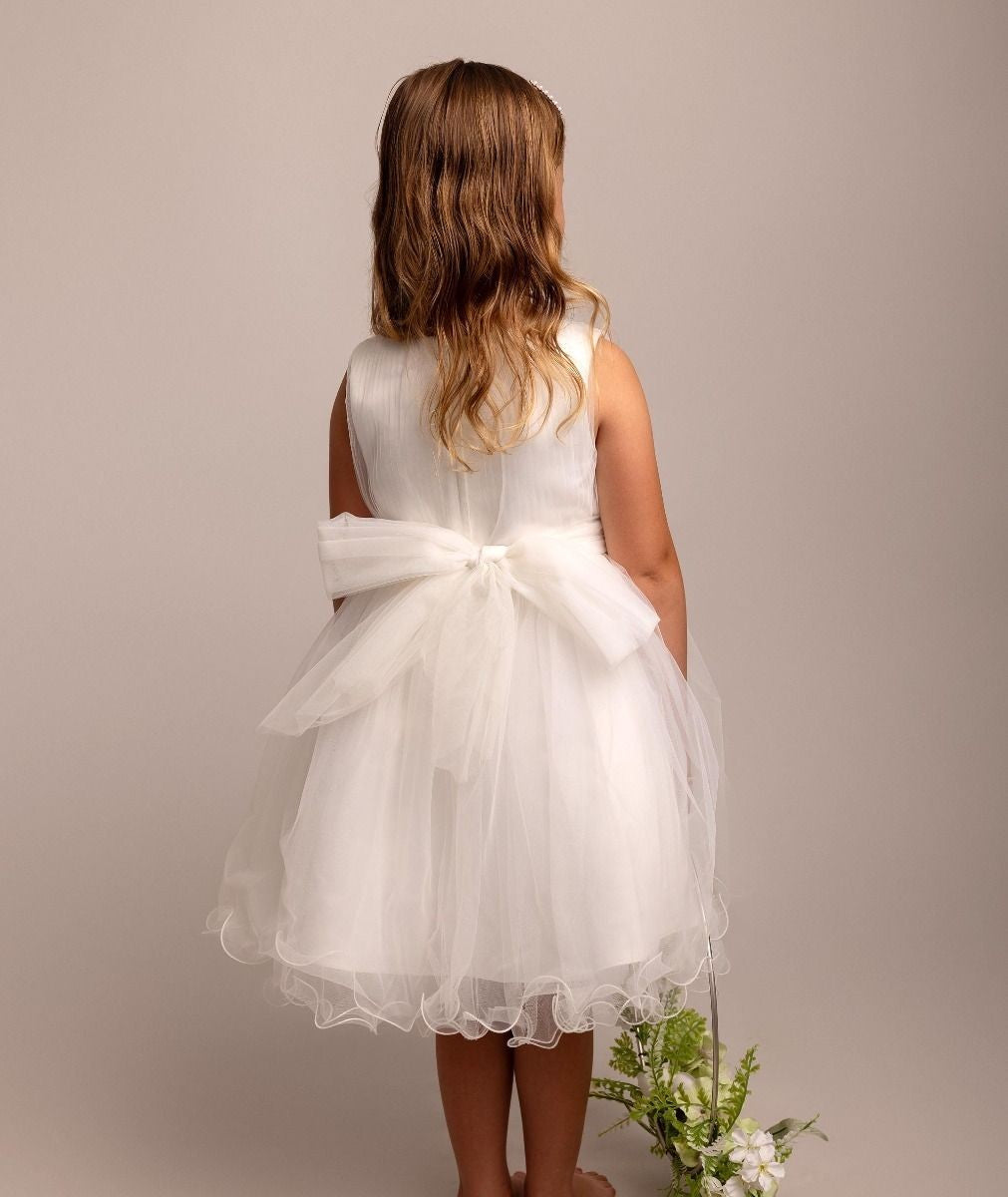 Girls Ivory Floral Appliques Tulle Dress - Monica - Ivory