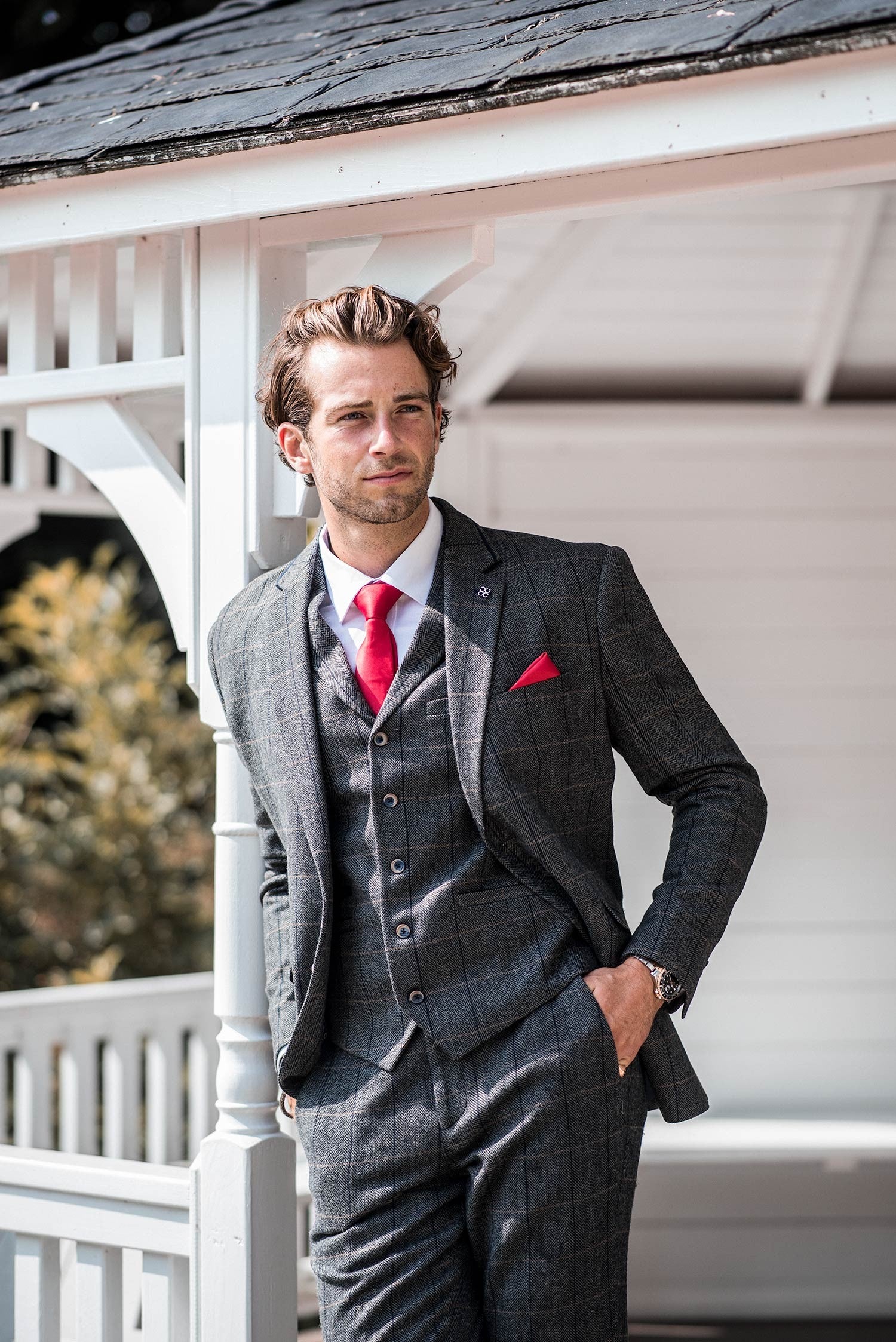 Men's Wool Blend Herringbone Check Suit - Albert - Grey