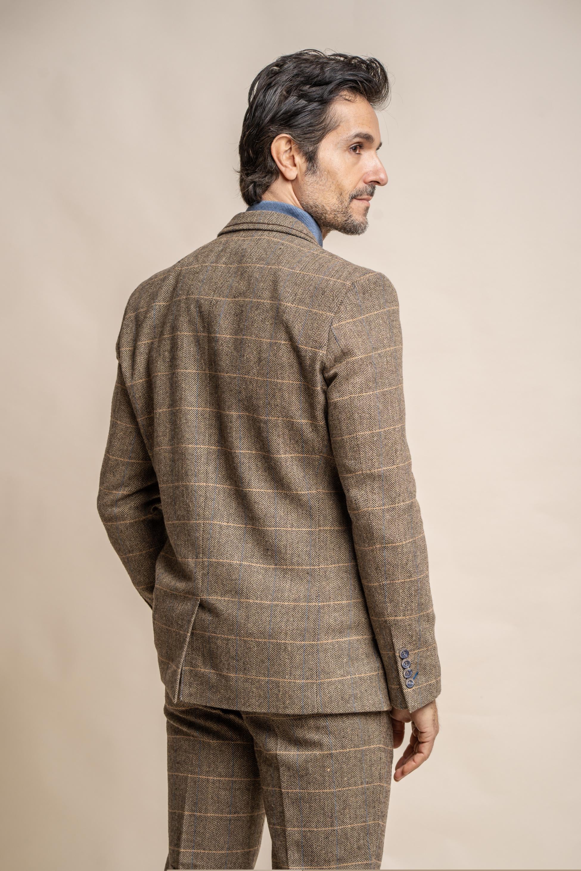 Men's Wool Blend Herringbone Check Suit Jacket - Albert - Tan Brown