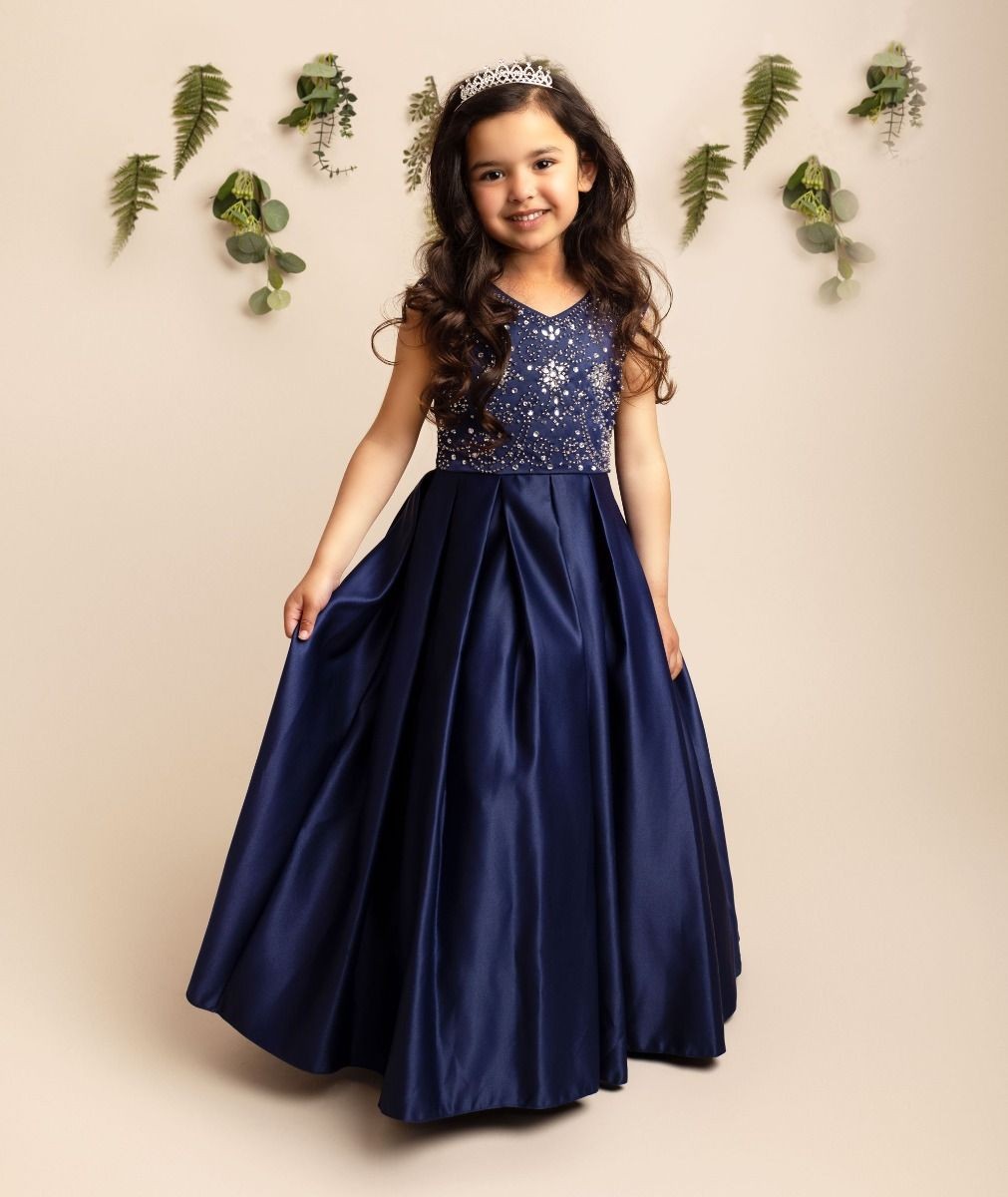 Girls Crystal Satin Navy Ball Gown Dress – EDEN - Navy