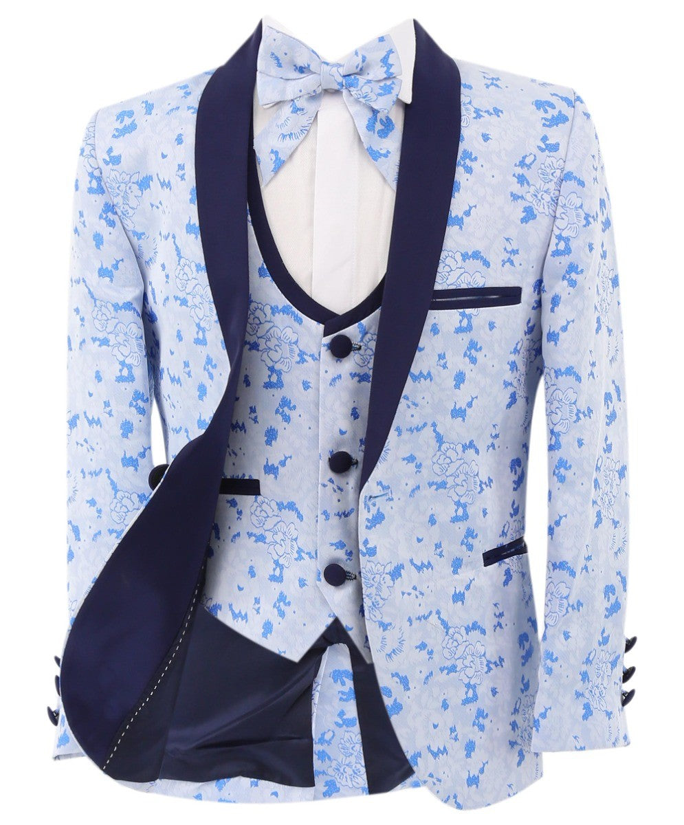 Boys Slim Fit Floral Blue Tuxedo Suit Set - Blue