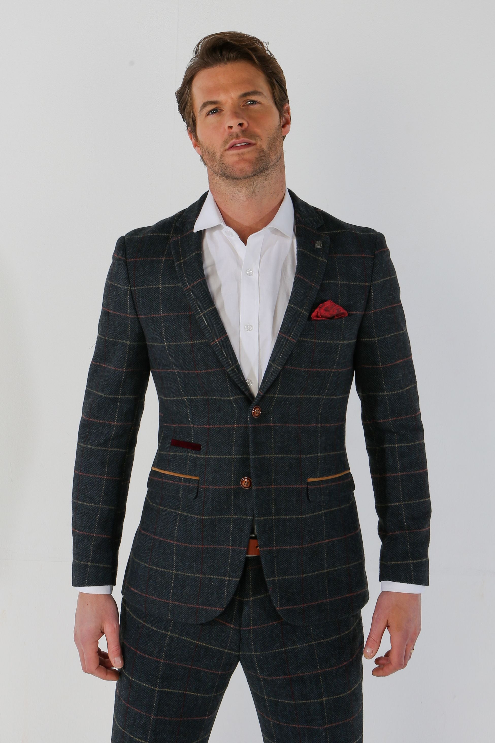 Men's Tweed Check Plaid Navy Suit Jacket - THOMAS - Navy Blue