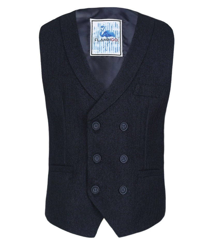 Men's and Boys Herringbone Double-breasted Waistcoat Set - Navy Blue