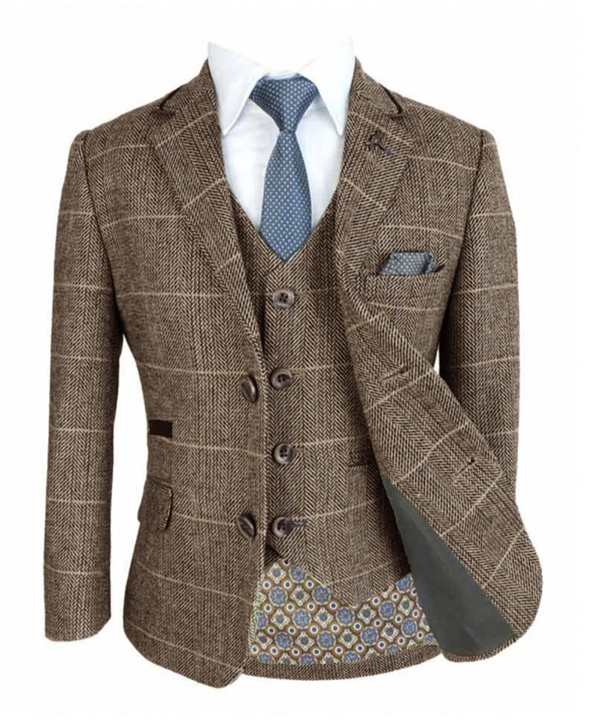 Boys Wool Blend Herringbone Check Suit - ALBERT - Brown