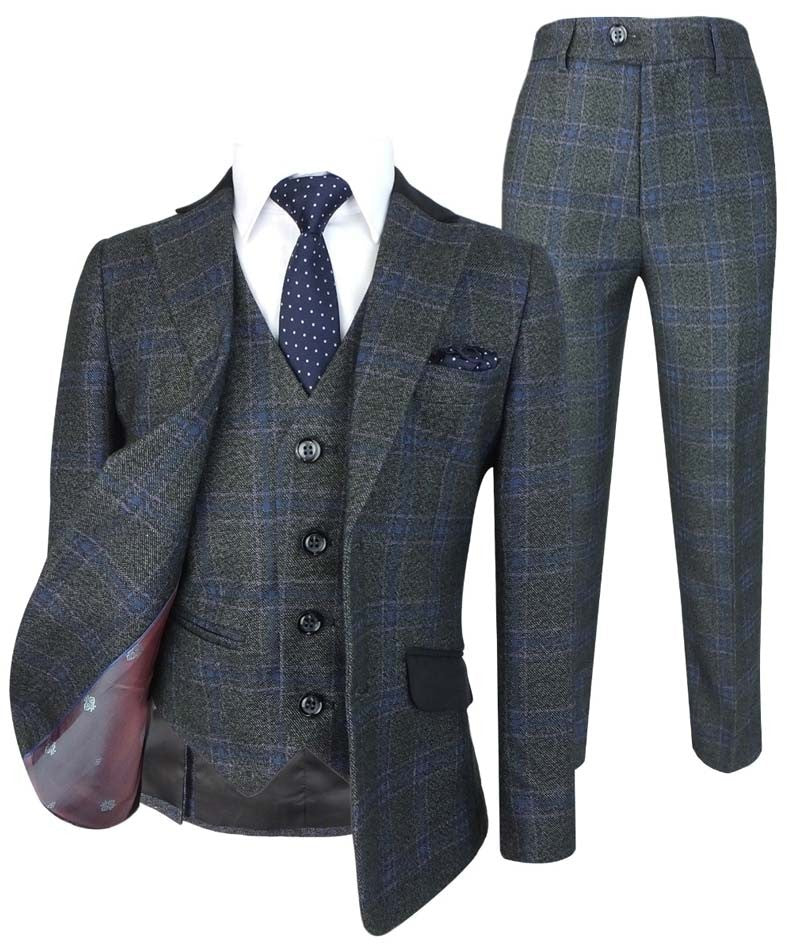 Boys Windowpane Check Charcoal Grey Suit Set - Charcoal Grey