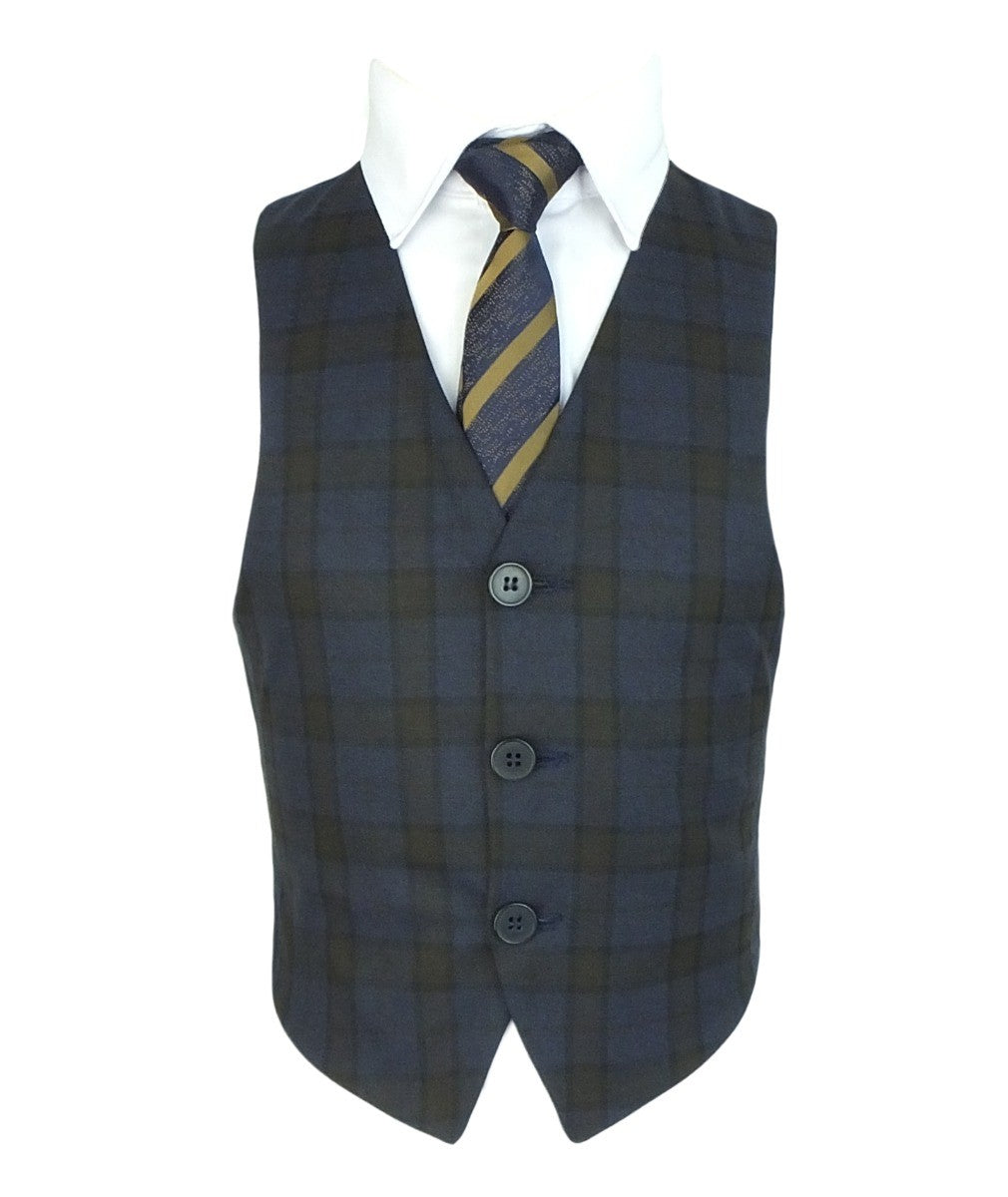 Boys Tailored Fit Retro Check Navy Suit - Navy Blue - Brown