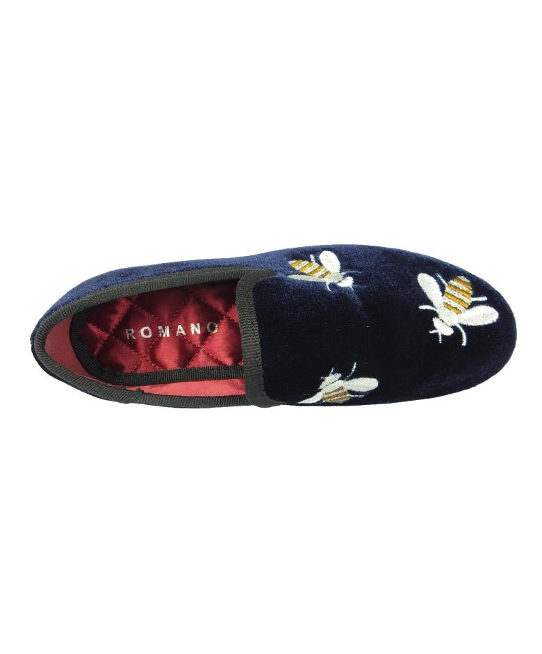 Boys Velvet Bee Embroidered Slip On Loafers - Navy Blue