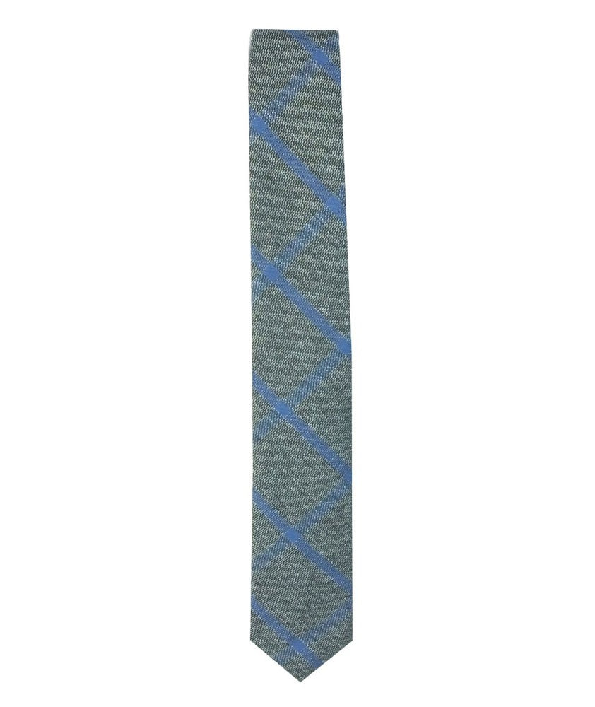 Boys Slim Check Tweed Tie and Hanky Set - Grey - Blue