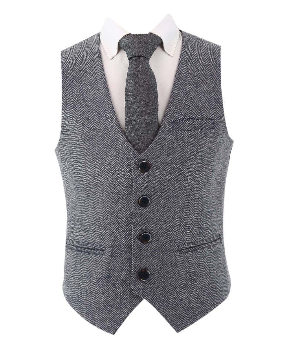 Boys Tweed Herringbone Blazer and Waistcoat Suit Set - Blue