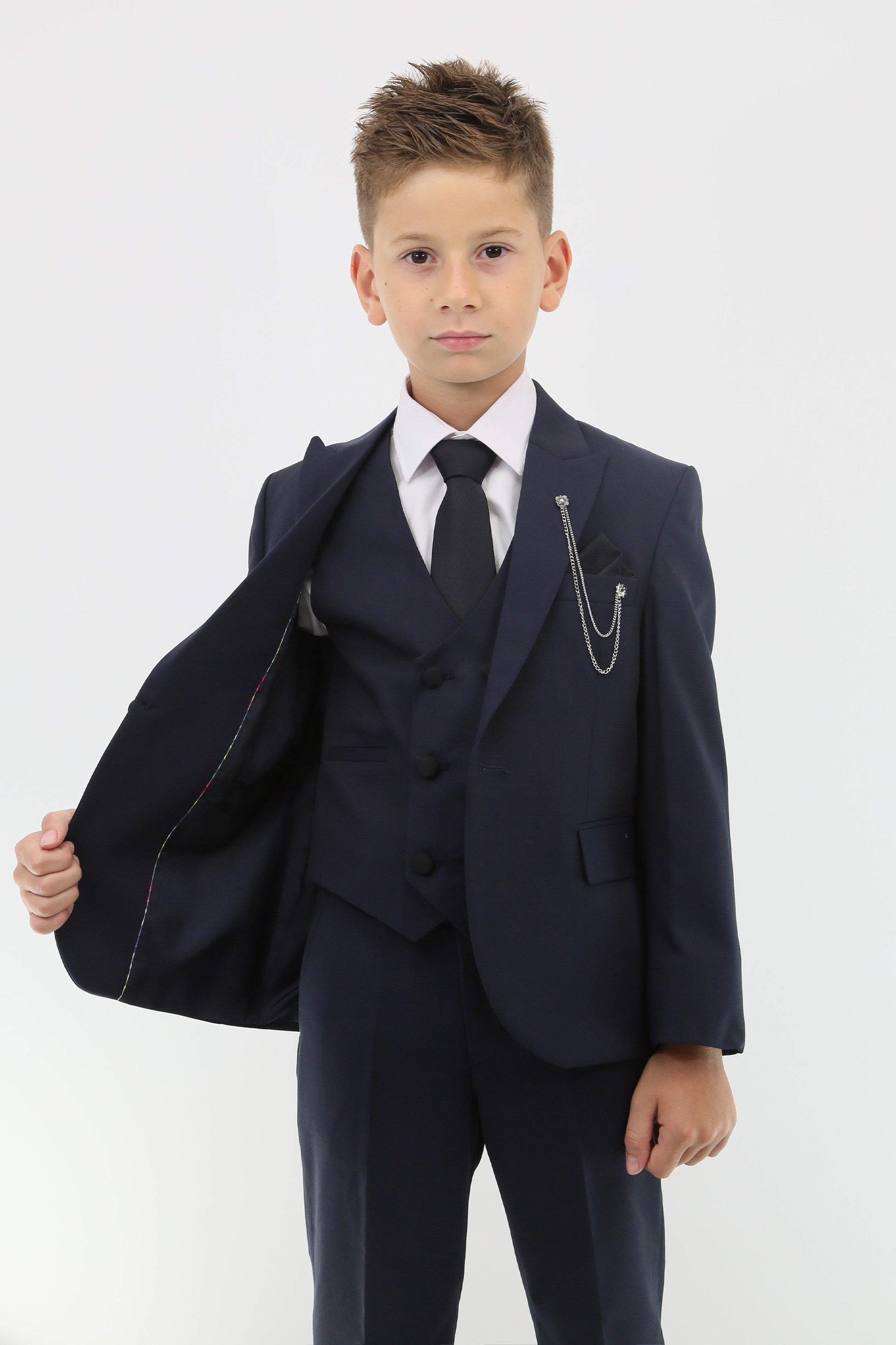 Boys Suit with Double Breasted Vest 7 PC Set - Navy Blue