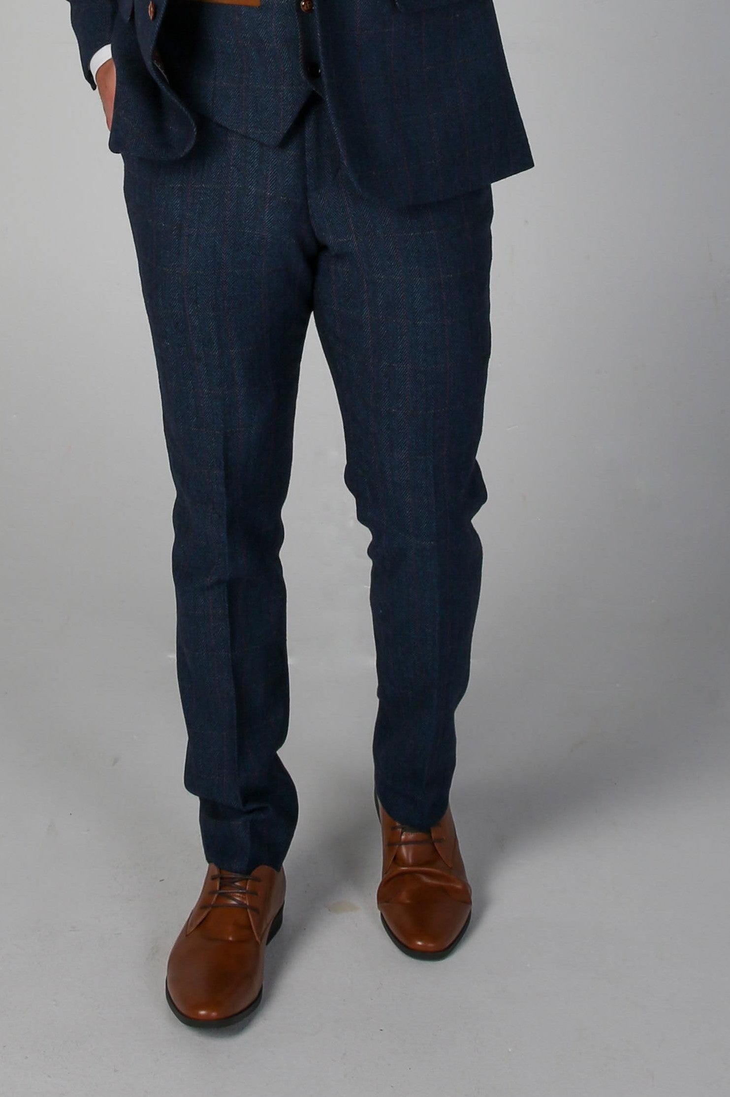 Men's Tweed Herringbone Tailored Fit Trousers - SCOTT - Navy Blue