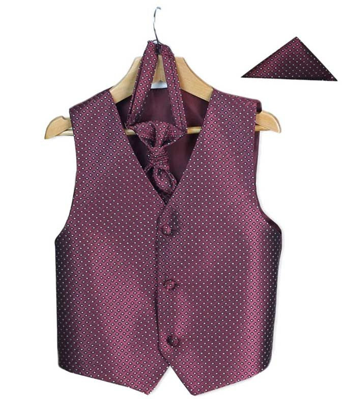 Boys & Men Waistcoat Cravat Hanky Set - Burgundy