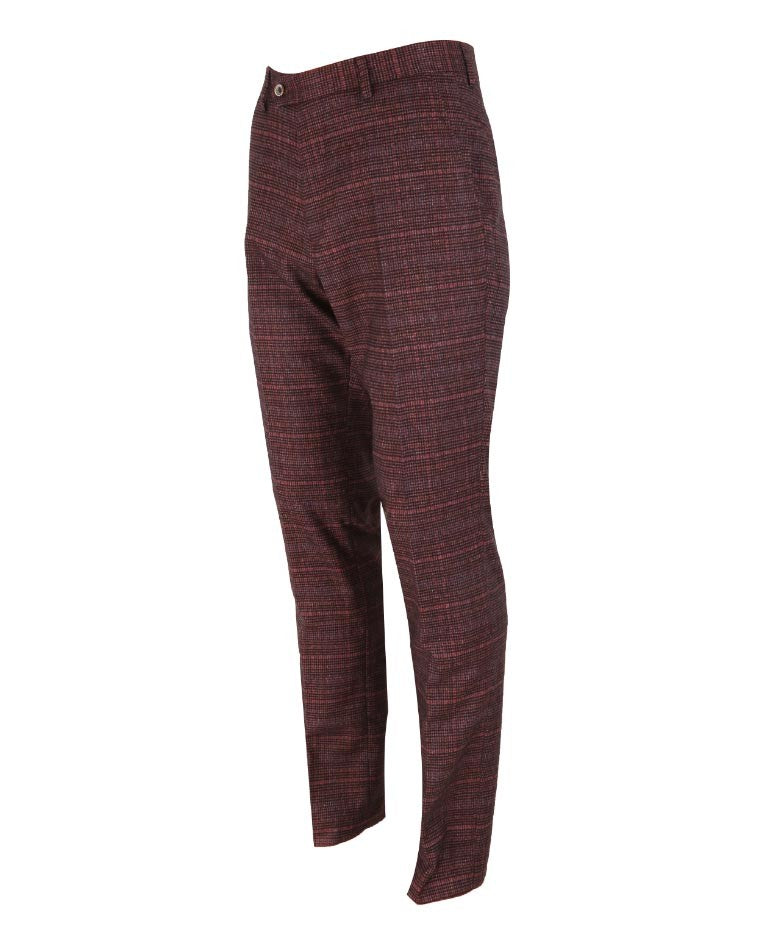 Men's Slim Fit Check Tweed Trousers - CARLY Wine - Wine