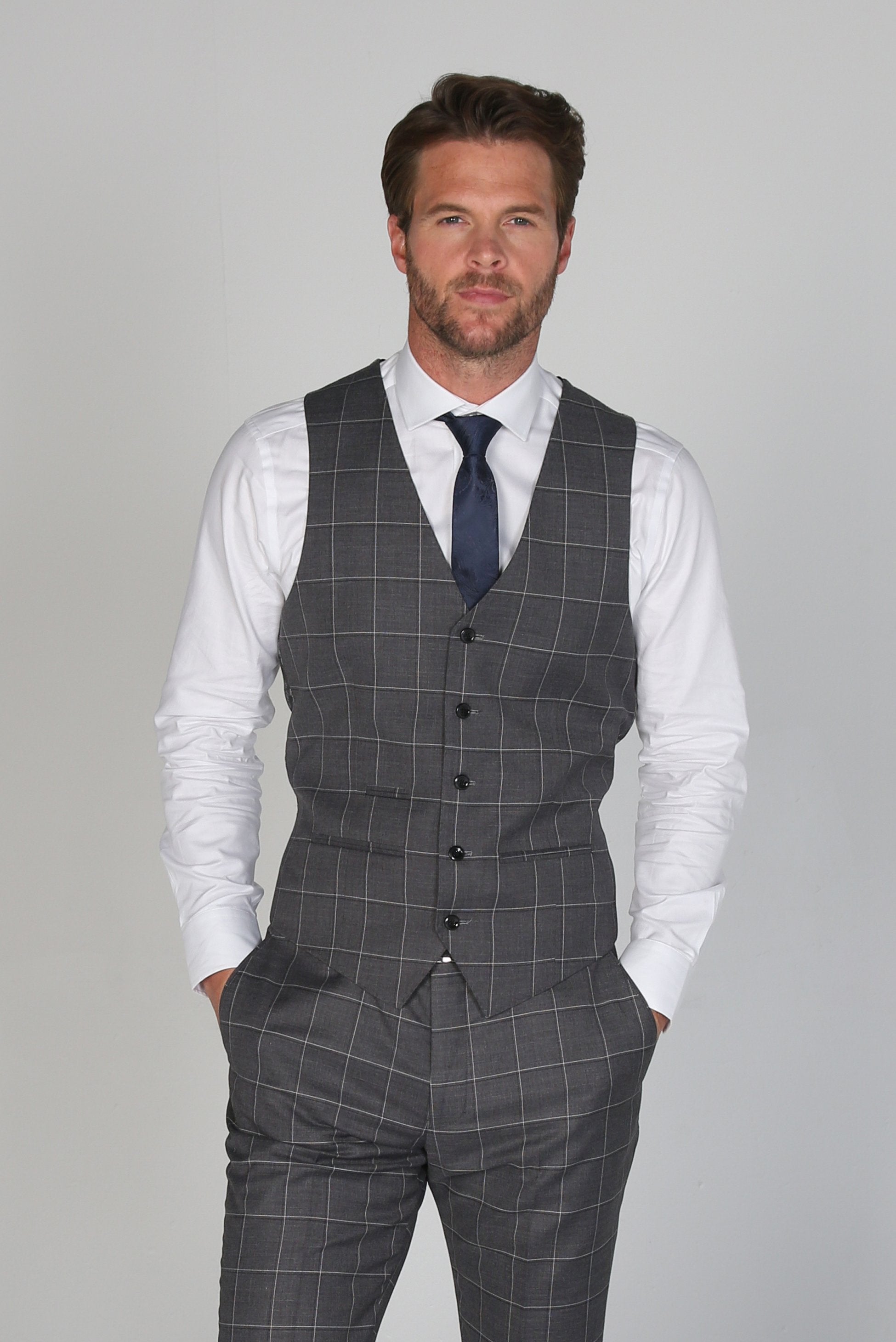 Men's Windowpane Check Tailored Fit Waistcoat - HOBBS - Grey