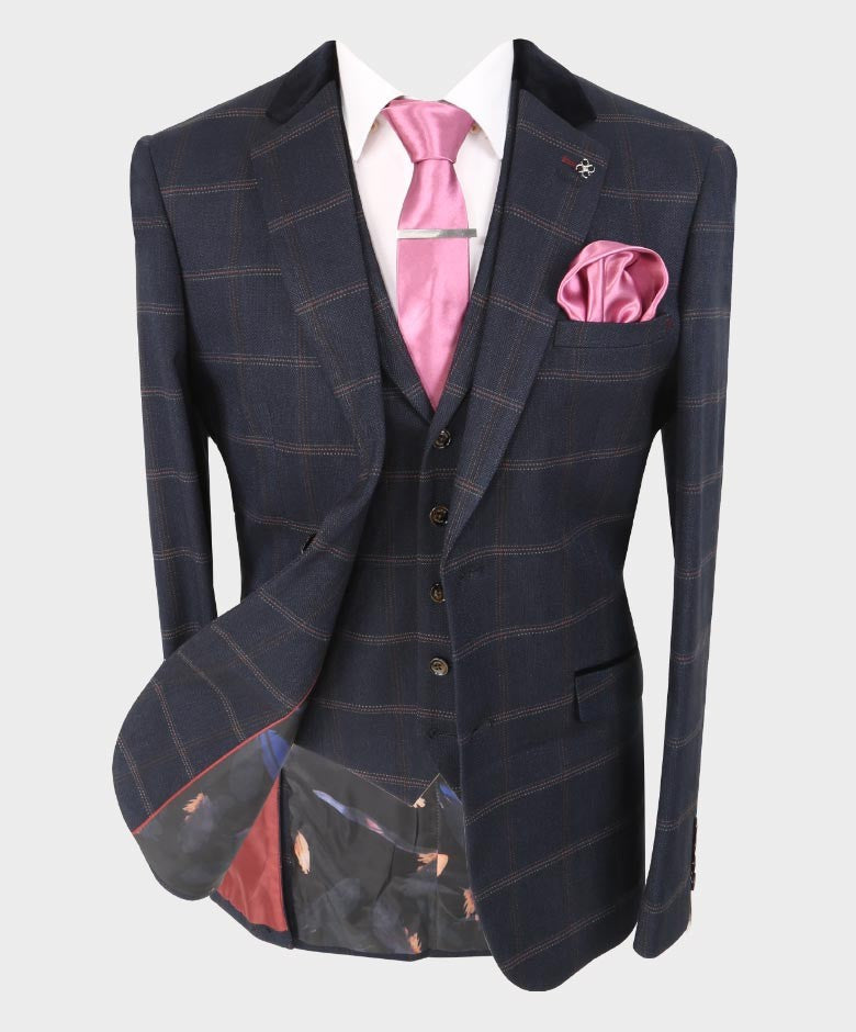 Men's Slim Fit Tweed Check Suit Jacket - Connall Blue - Navy Blue