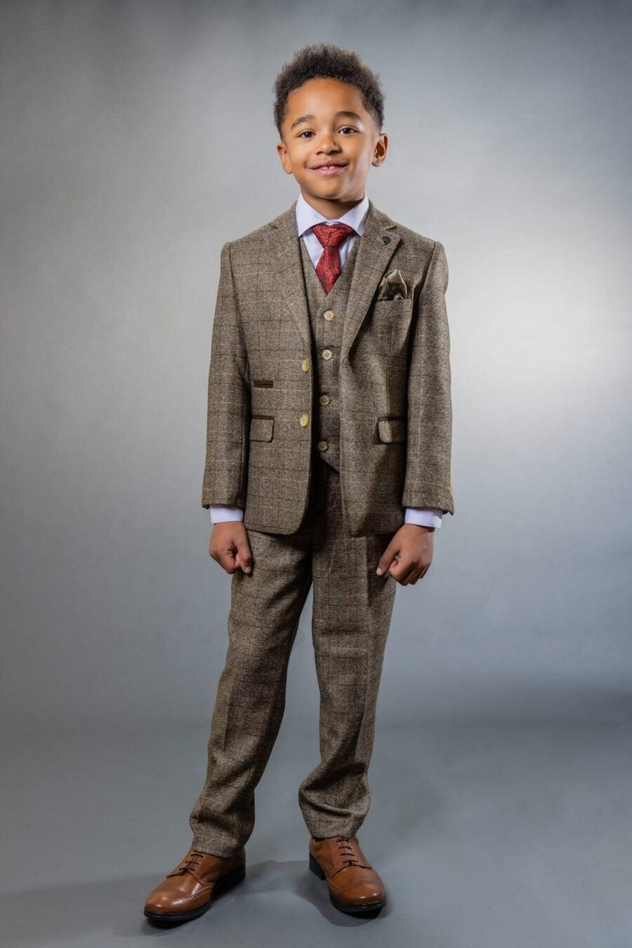 Boys Tweed Check Tailored Fit Beige Suit - LIAM - Beige