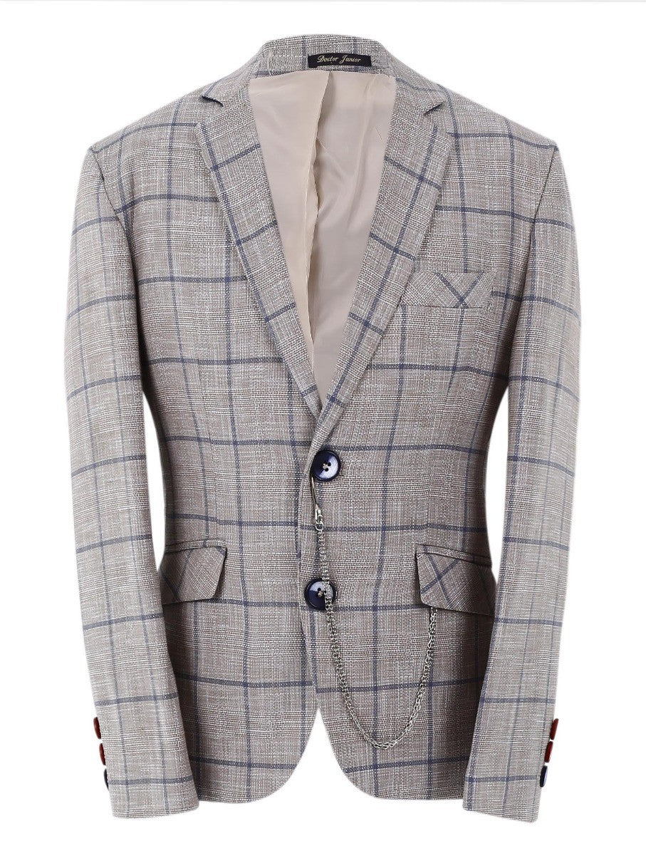 Boys Slim Fit Windowpane Check Suit - Beige