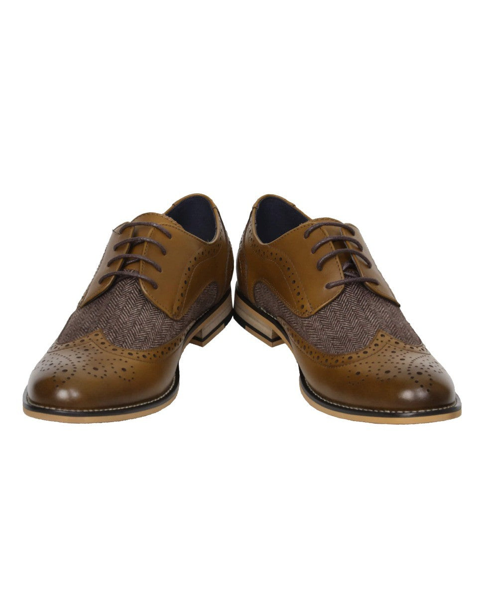 Men's Lace Up Tweed Leather Brogue Shoes - HORATIO - Tan Brown