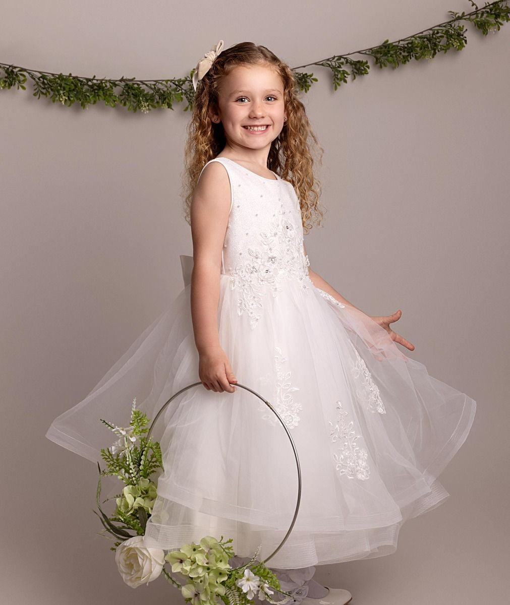 Girls Ivory Floral Embroidered Tulle Dress - RAQUEL - Ivory