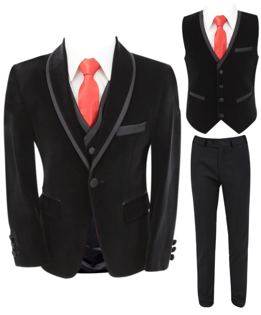 Boys Slim Fit Piping Velvet Tuxedo Suit - LONDON - Black