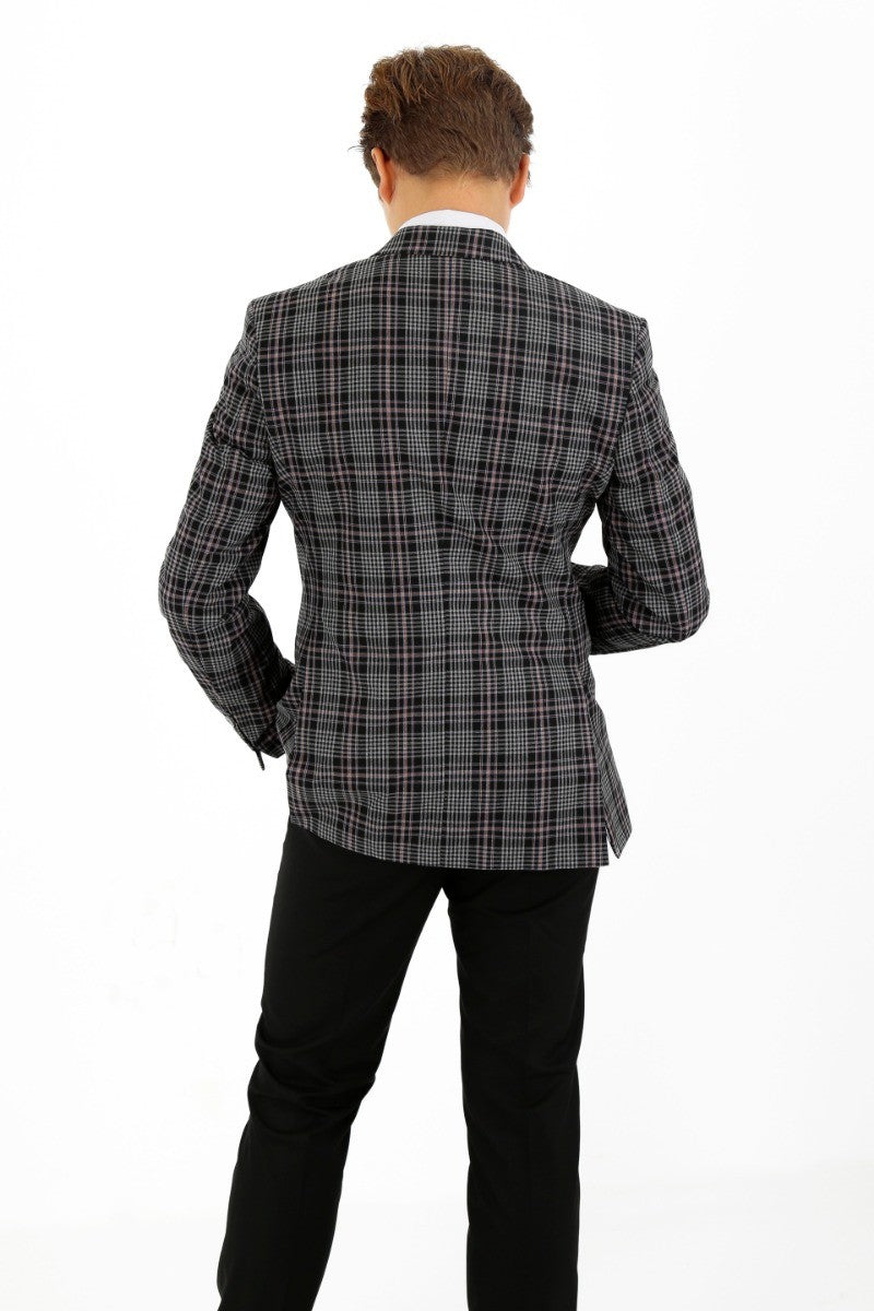 Boys Plaid Check Slim Fit Suit - Black - Grey