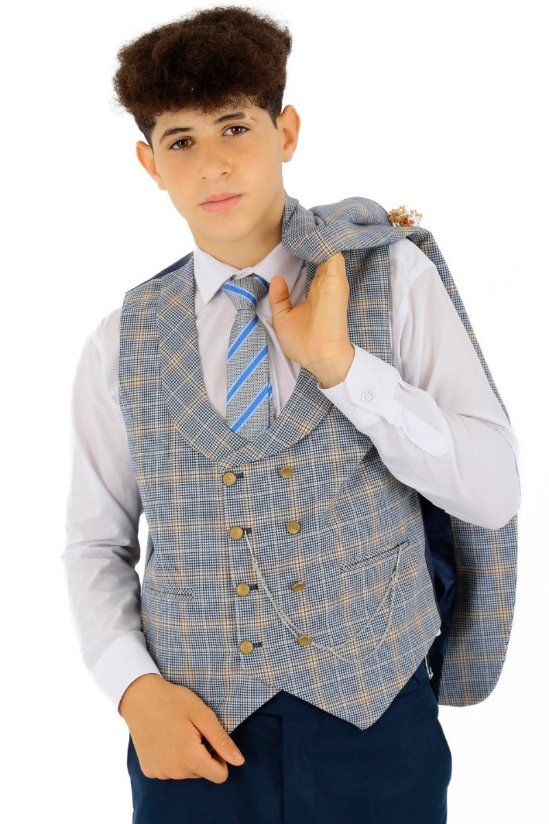 Boys Windowpane Check Slim Fit Suit - Blue