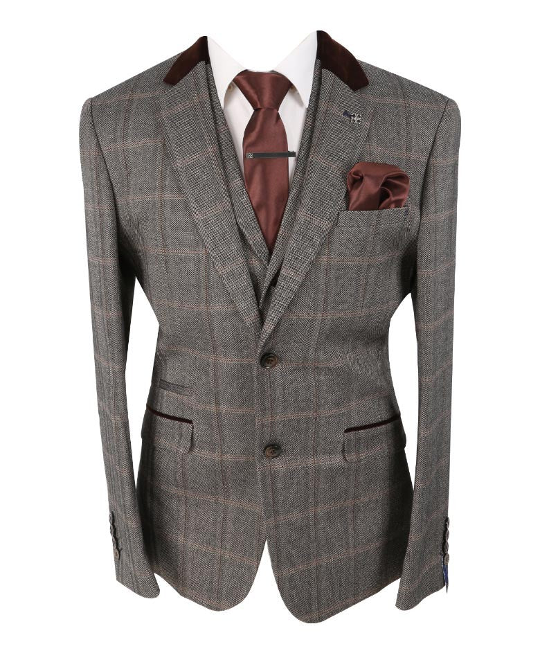 Men's Slim Fit Tweed Check Retro Suit - Connall Brown - Brown