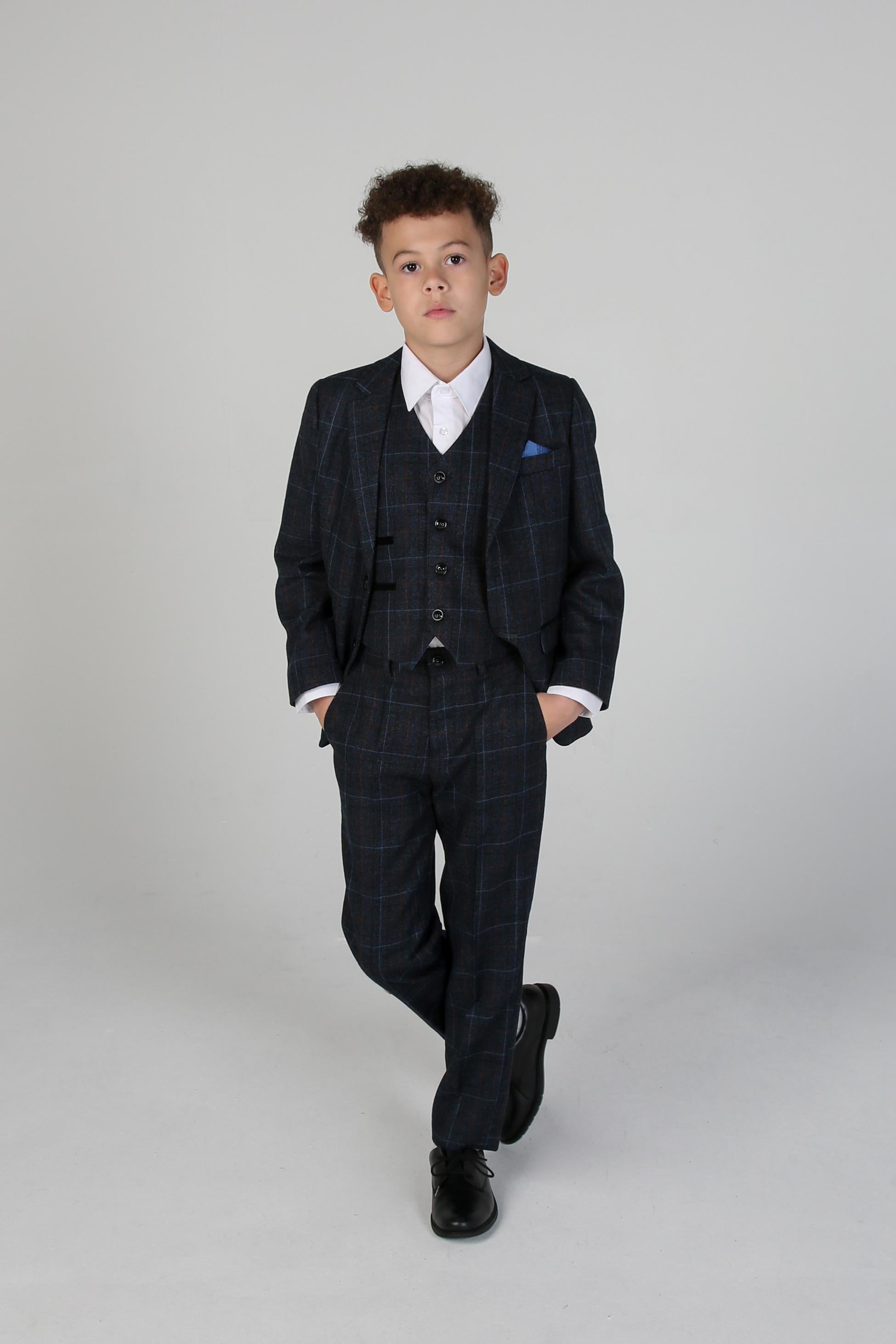 Boys Windowpane Tailored Fit Suit- HARVEY - Navy Blue