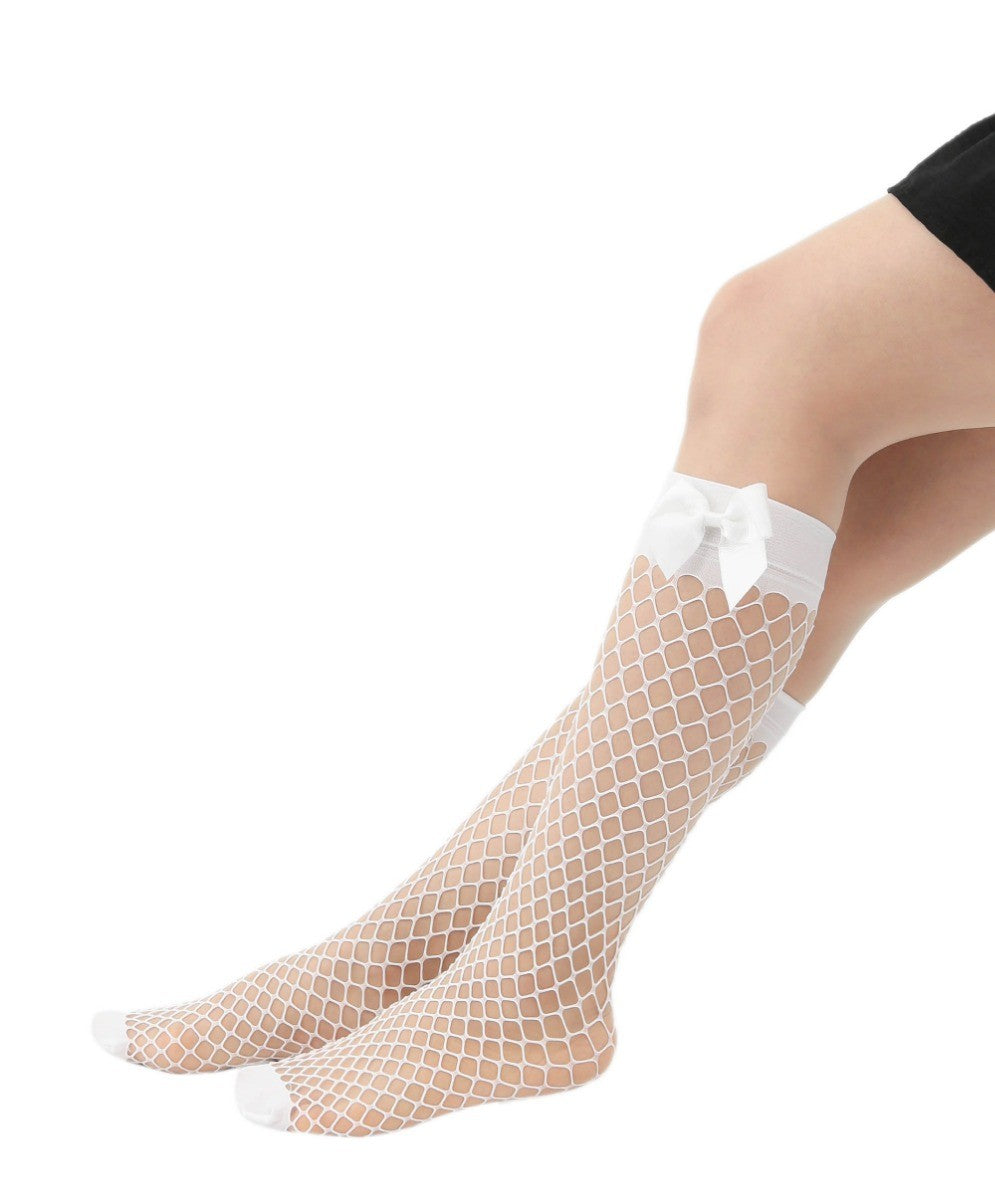 Girls Fishnet Sheer Knee High Stocking - White