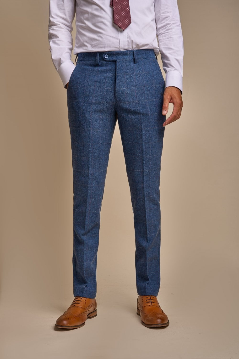 Men's Slim Fit Herringbone Tweed Trousers - CARNEGI - Blue