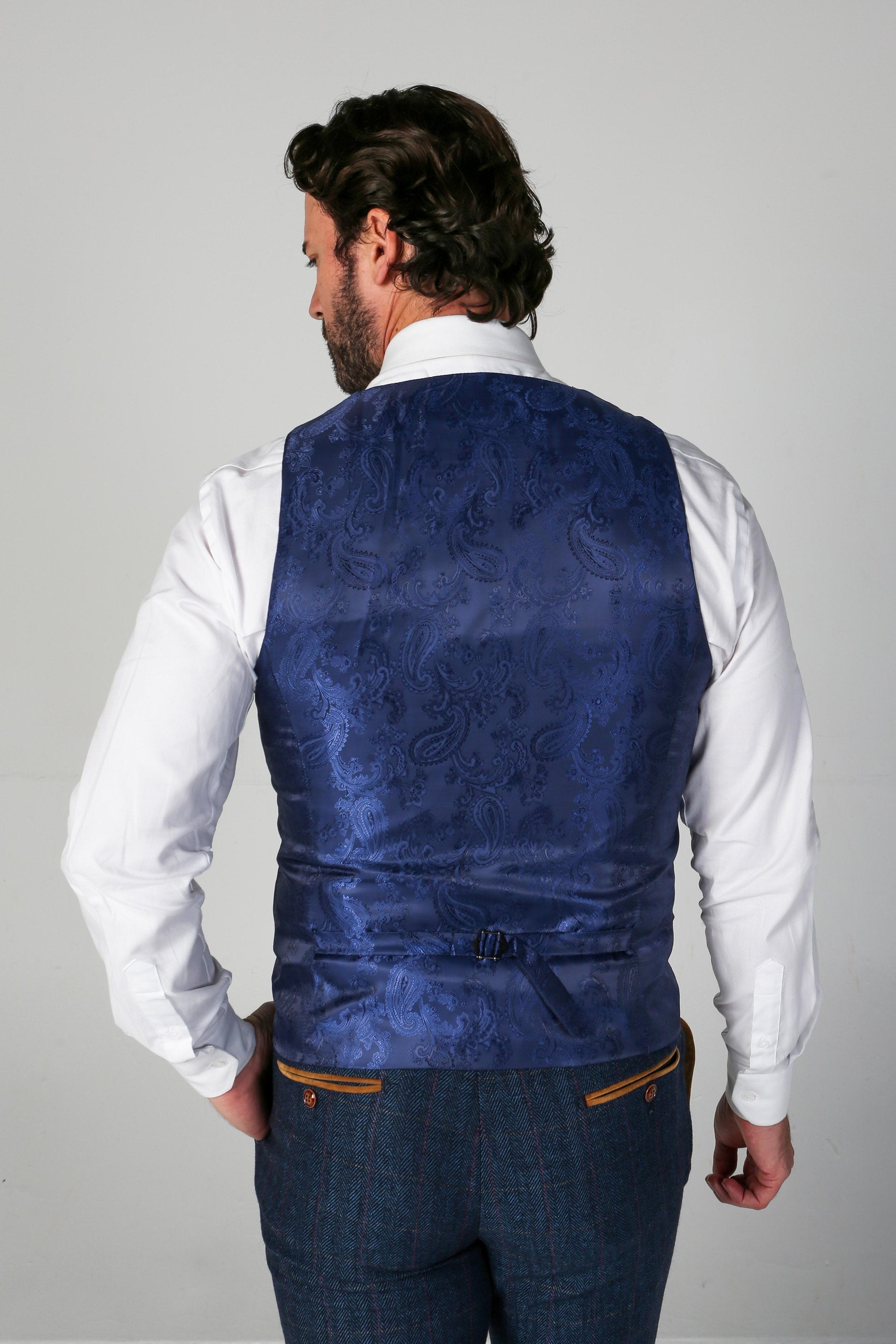 Men's Tweed Herringbone Navy Waistcoat - SCOTT - Navy Blue