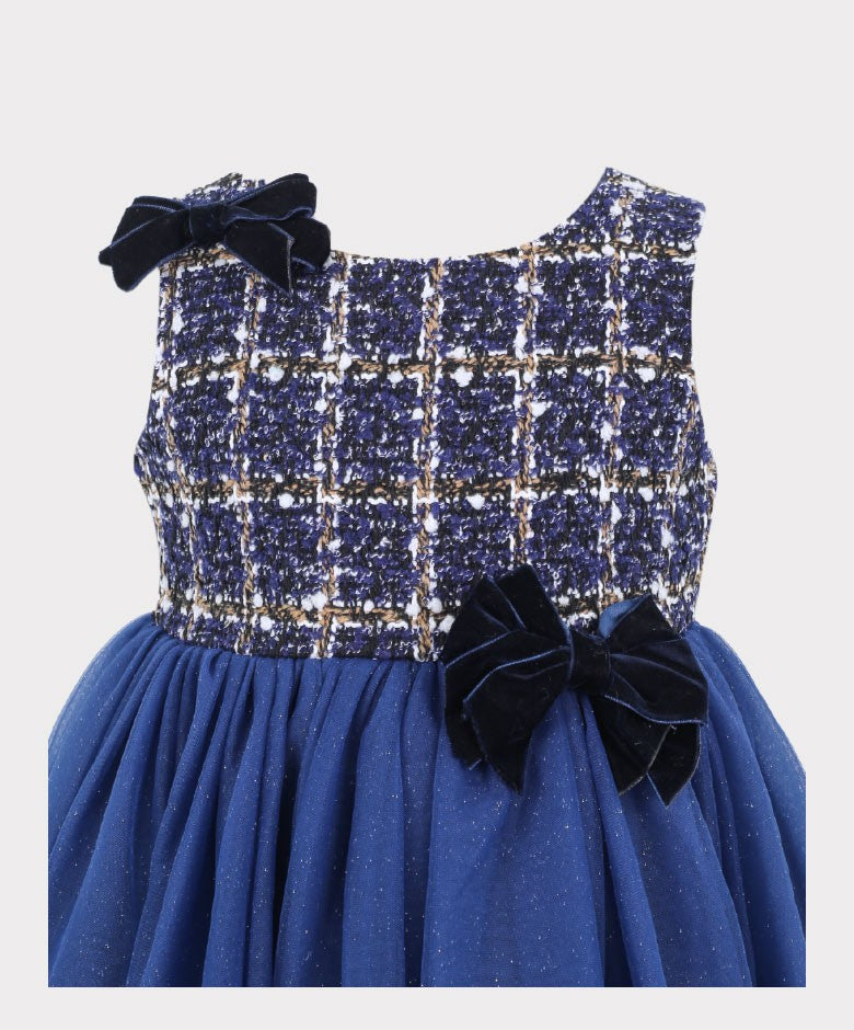 Girls Navy Blue Tweed Puffy Dress - Navy Blue