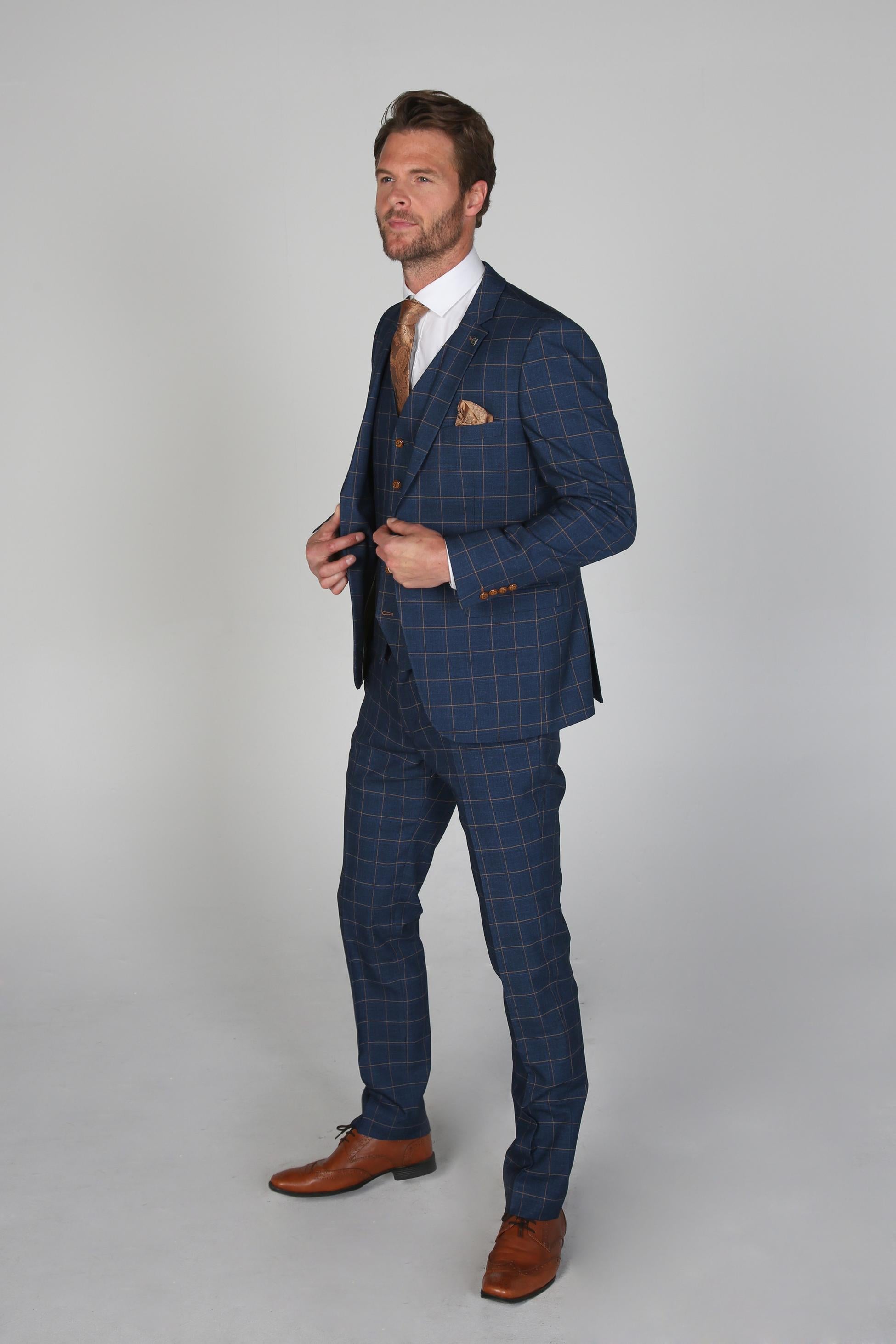 Men's Tailored Fit Windowpane Check Suit - HAMLEYS - Corrnflower Blue