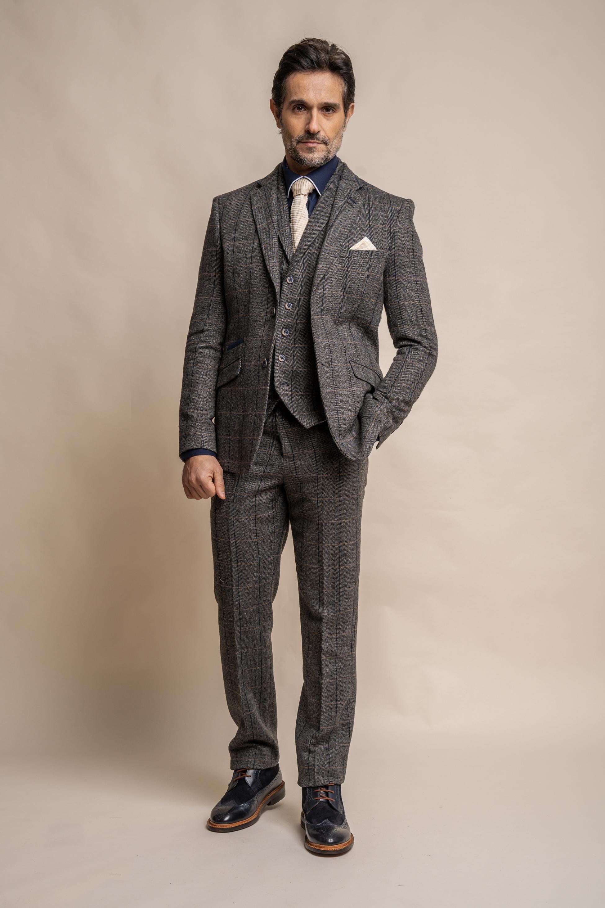 Men's Wool Blend Herringbone Check Suit - Albert - Grey