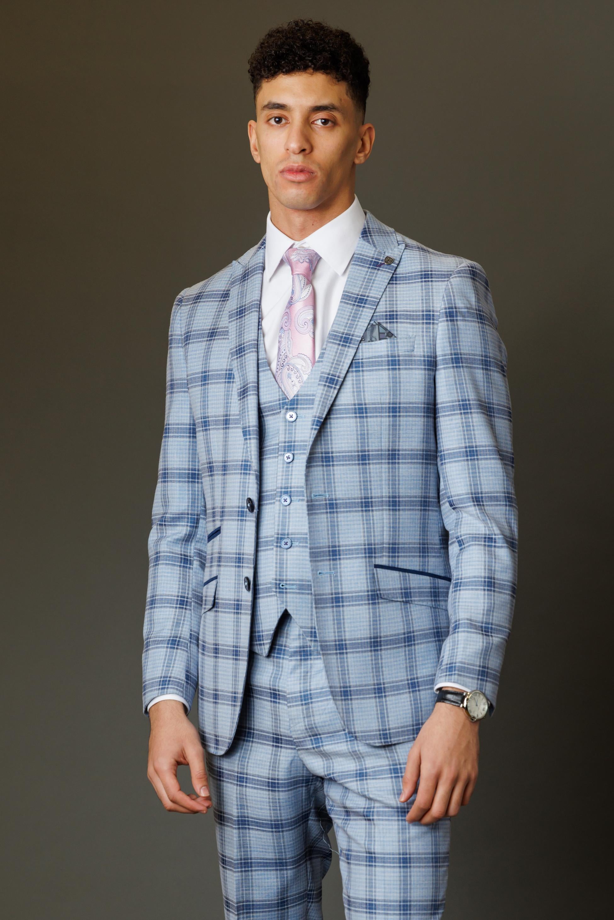 Men's Slim Fit Windowpane Check Blue Suit - BLAKE - Pale Blue