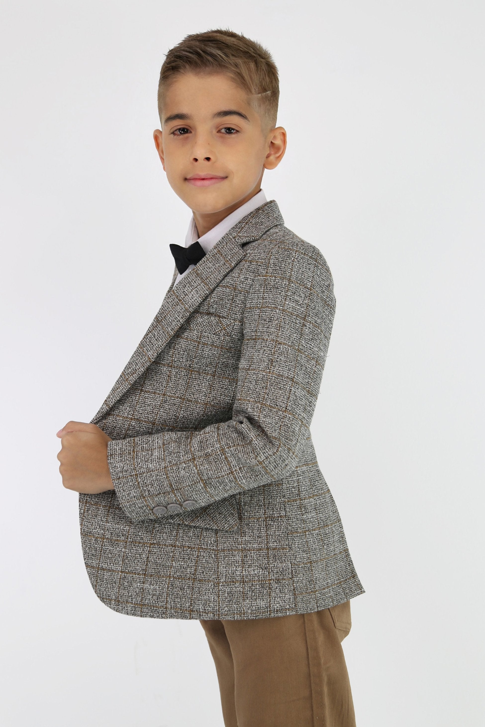 Boys Cotton Blend Tweed Like Check Blazer - Beige