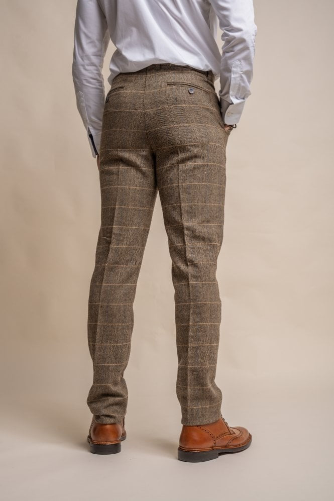 Men's Wool Blend Herringbone Check Trousers - Albert - Tan Brown