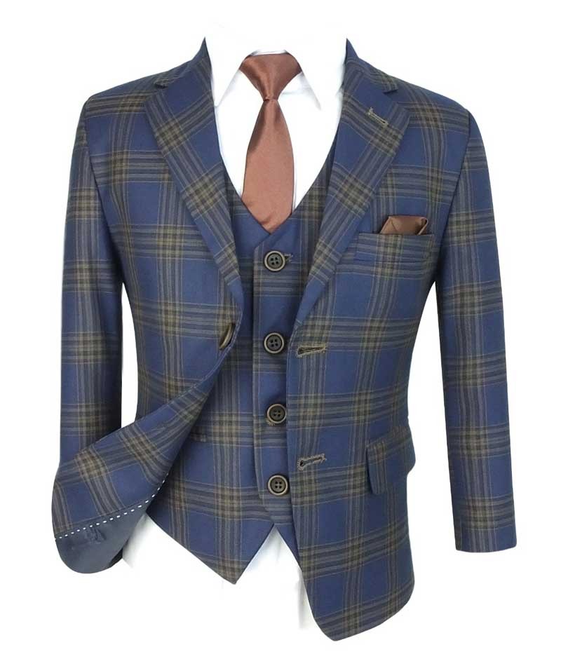 Boys Windowpane Check Tweed Tailored Fit Suit - Navy Blue - Brown