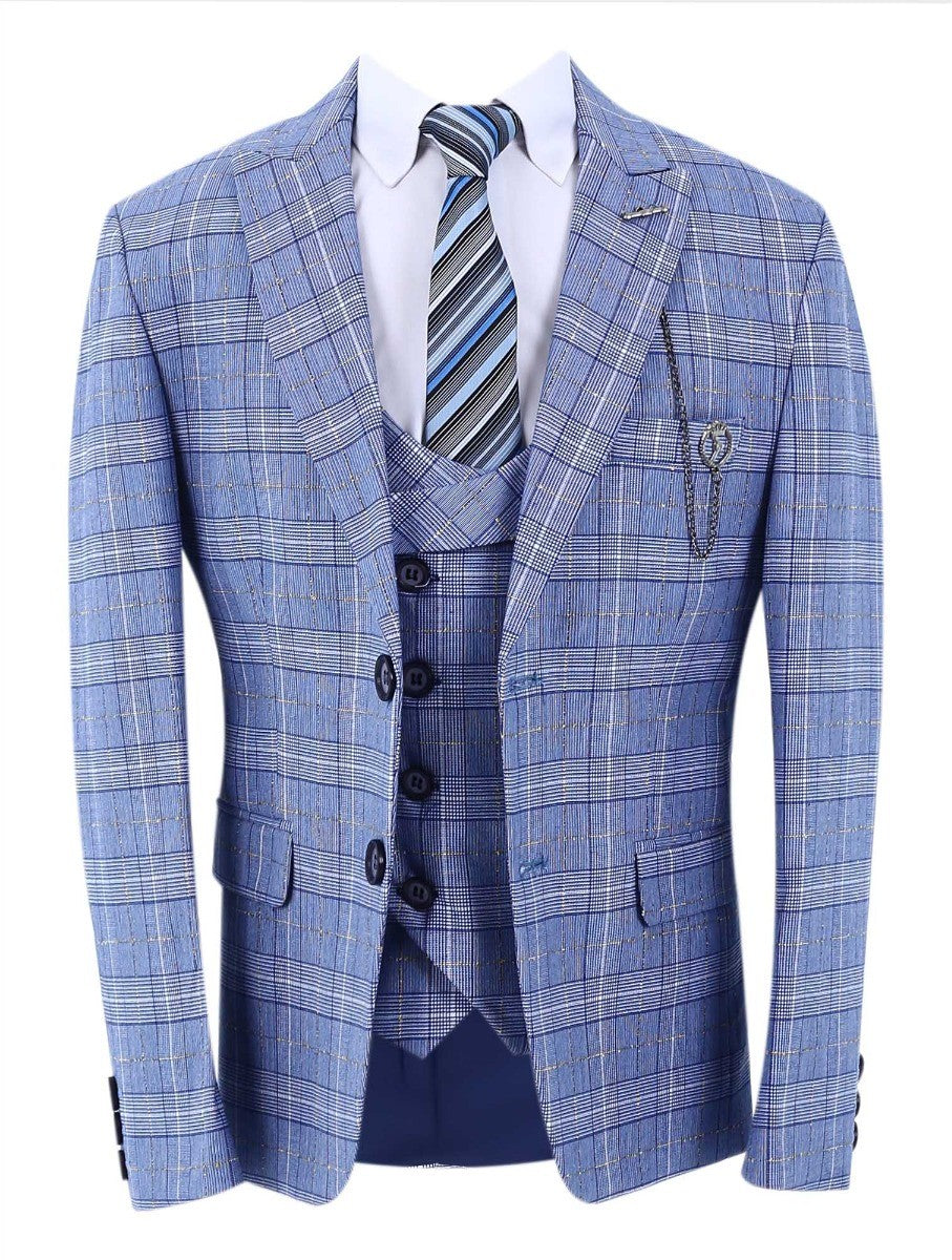 Boys Retro Check Slim Fit Suit - Light Blue