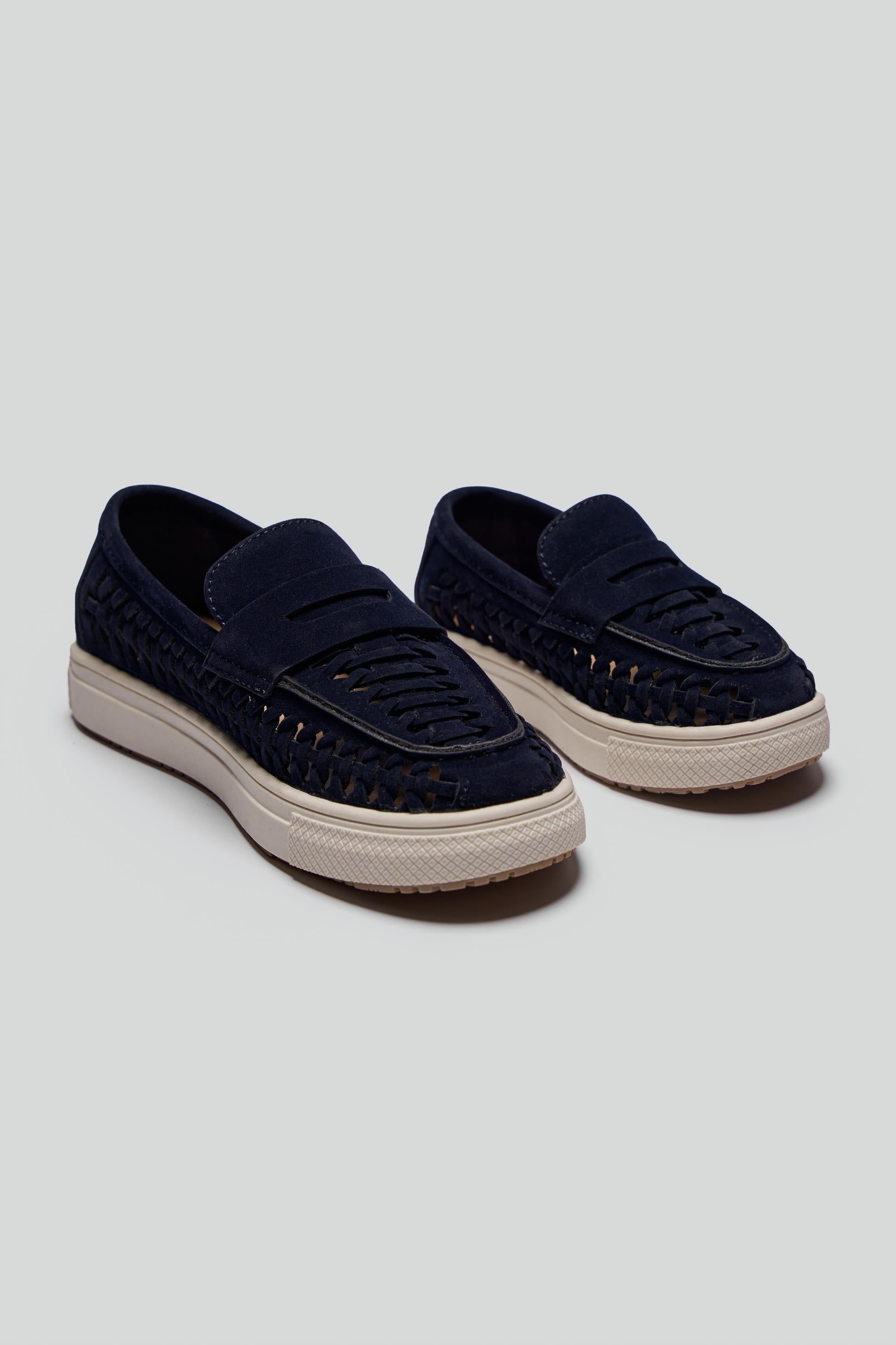 Boys Suede Penny Loafers with Woven Detail - TROY - Navy Blue