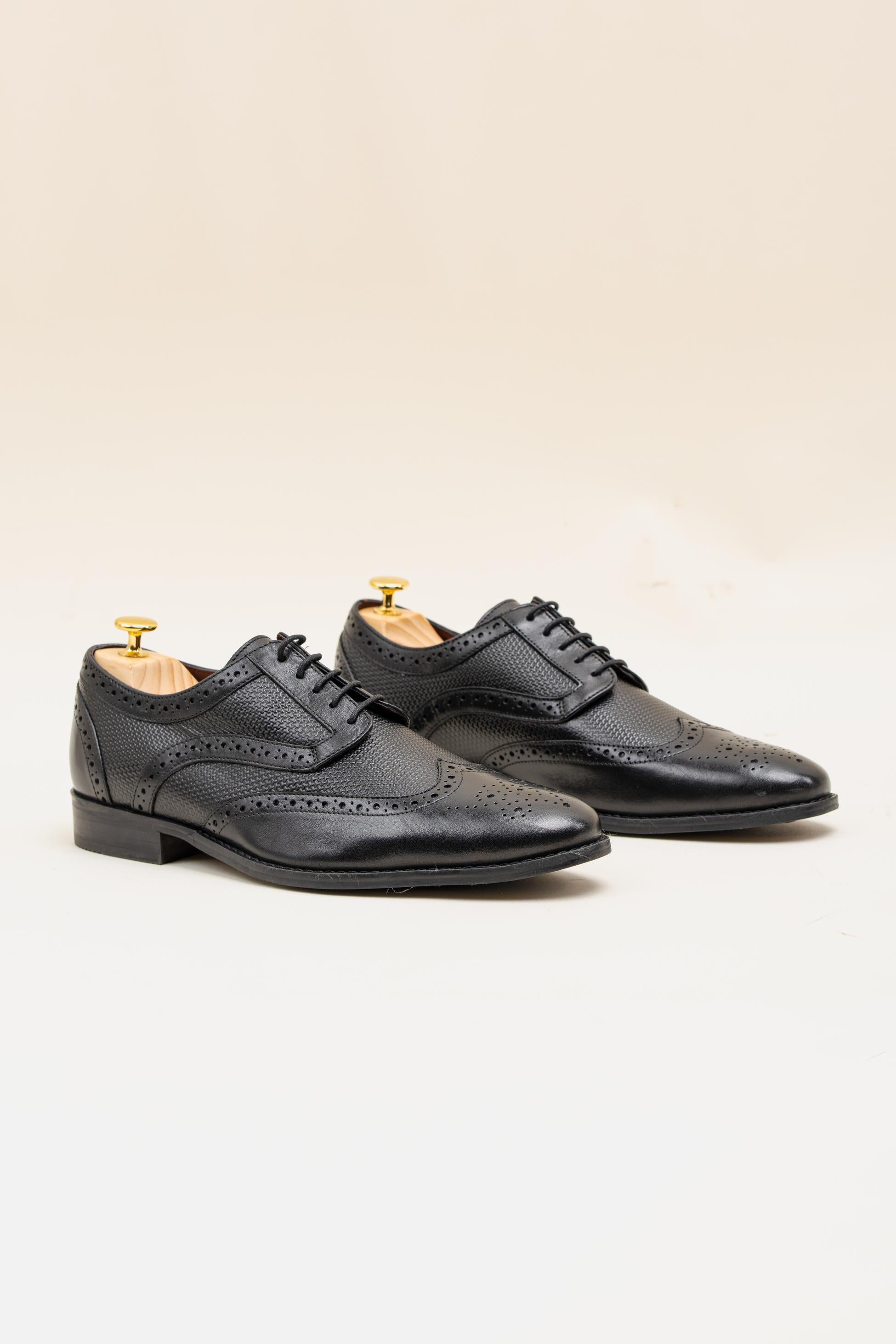 Men's Genuine Leather Wingtip Brogue Shoes - ORLEANS - Black