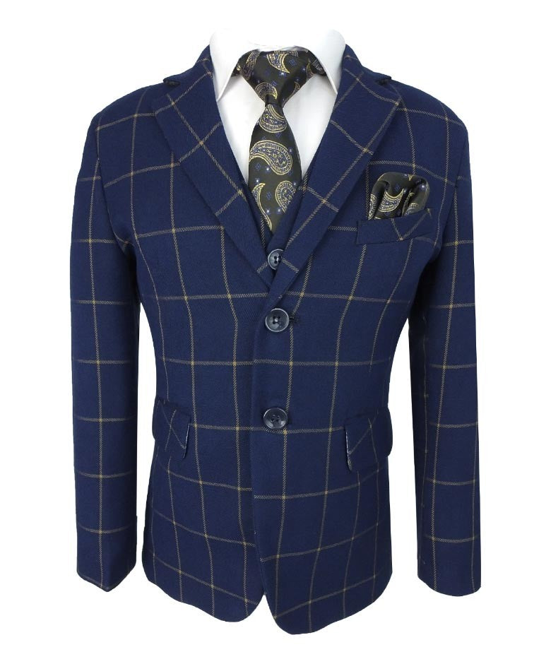 Boys Windowpane Check Suit Set - Navy Blue - Gold