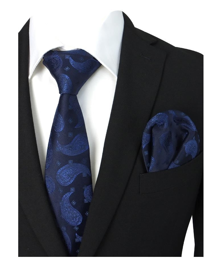 Boys & Men's Paisley Swirls Formal Tie & Hanky Set - Navy Blue