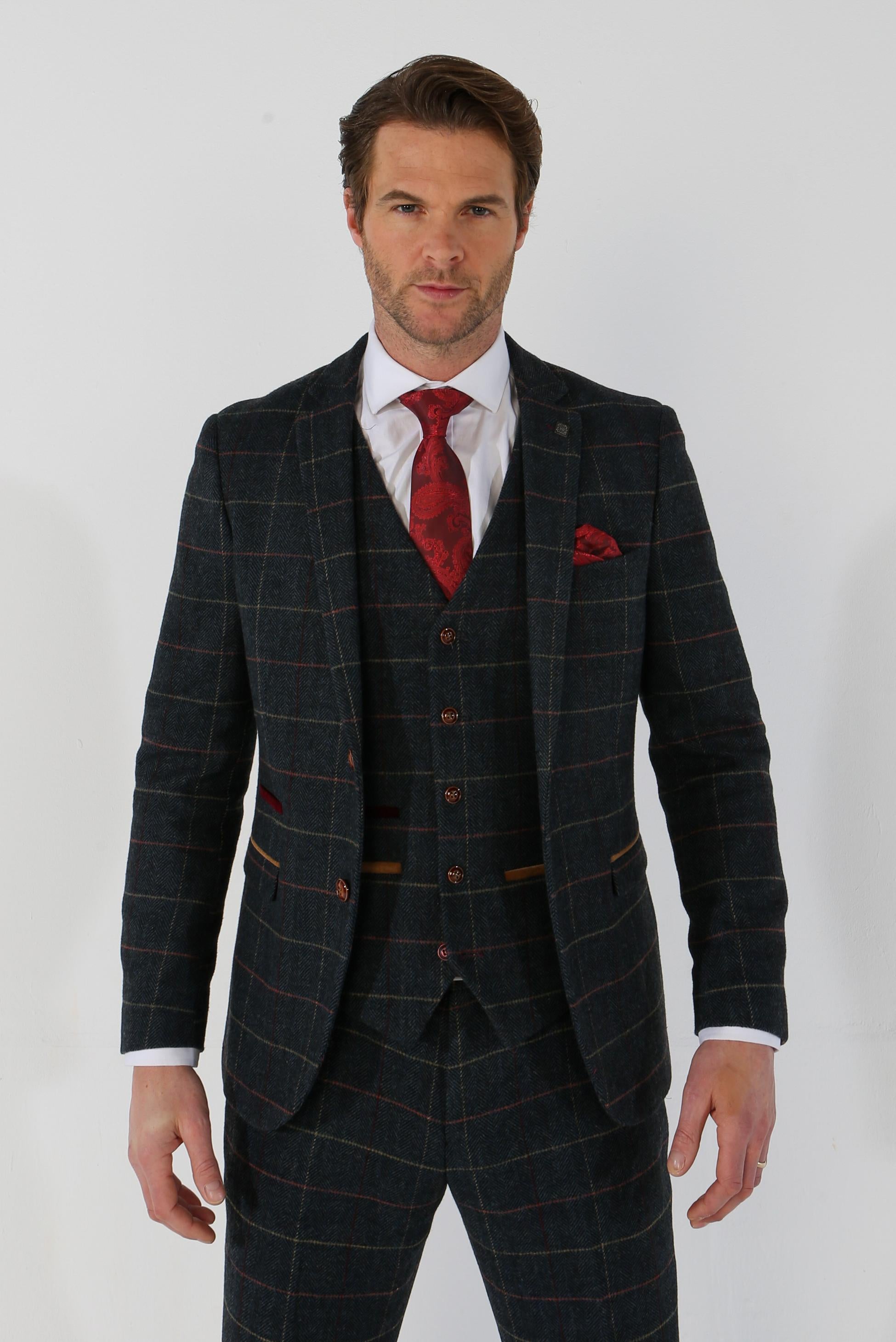 Men's Tweed Check Plaid Navy Suit - THOMAS - Navy Blue