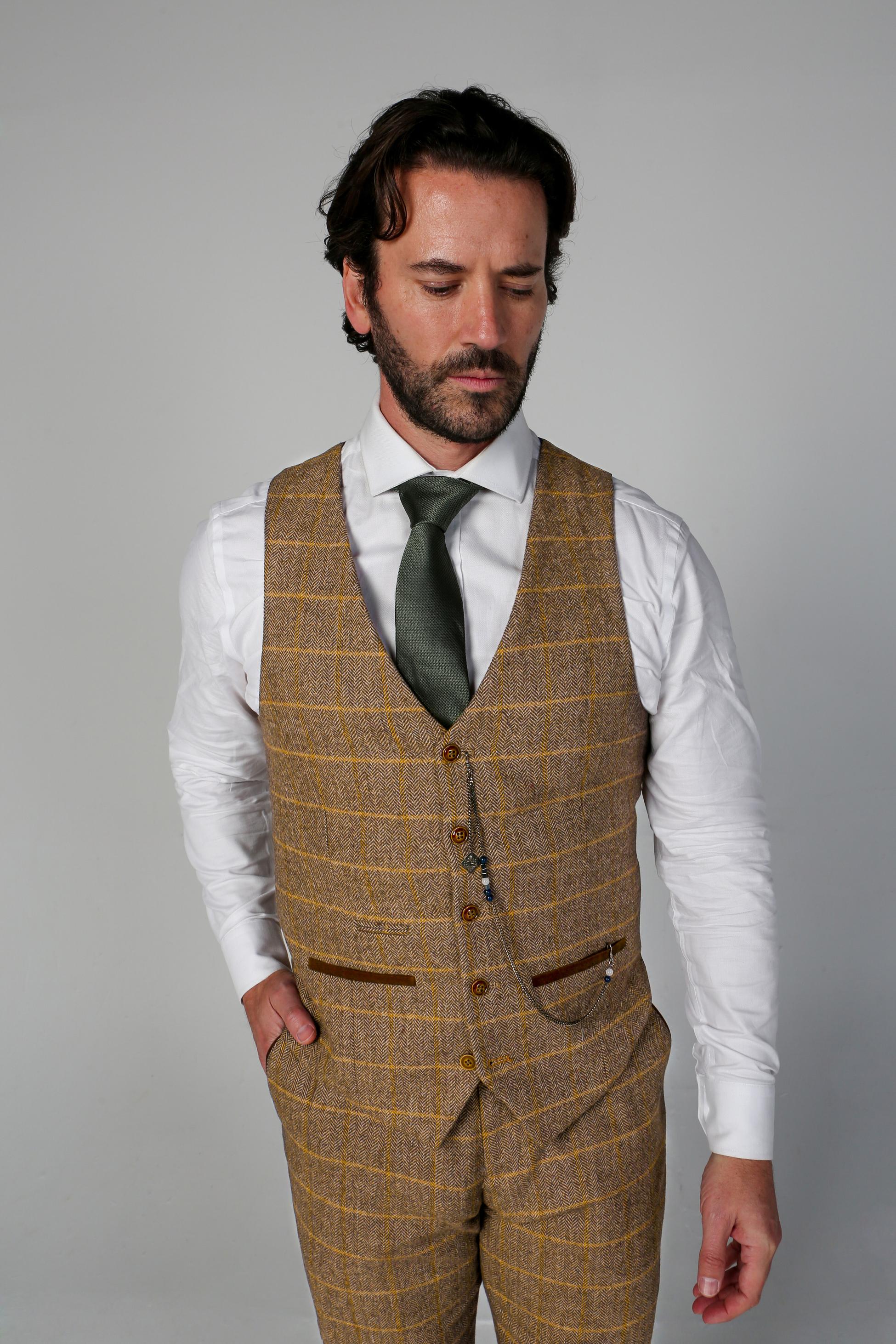 Men's Tweed Retro Windowpane Formal Suit - HARRIS - Brown