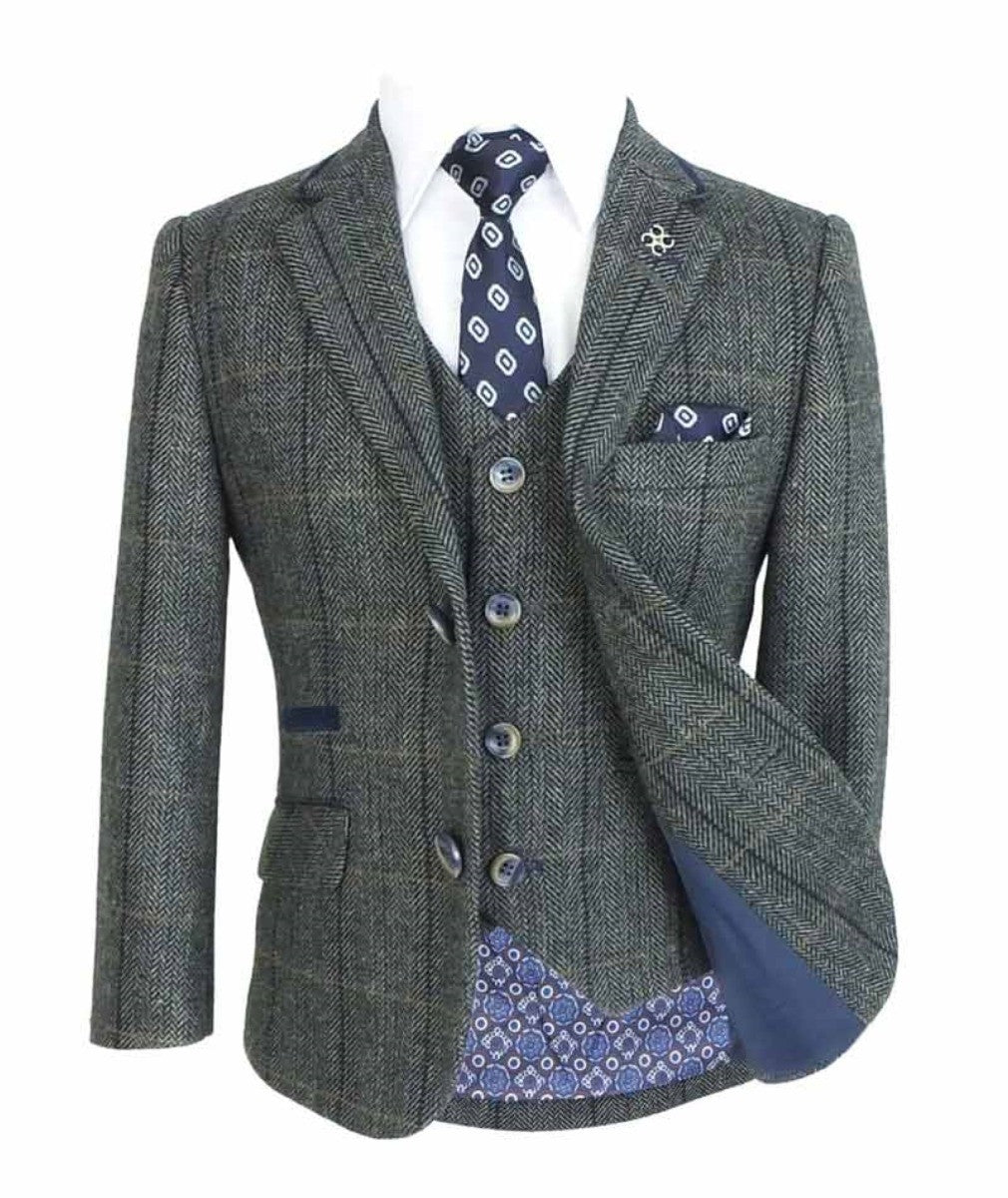 Boys Wool Blend Herringbone Check Suit - ALBERT - Grey